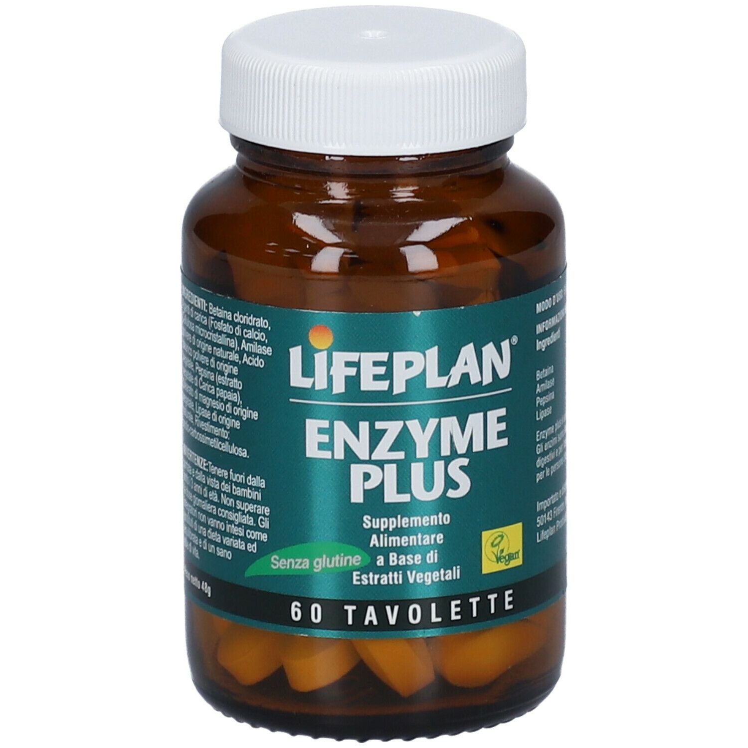 Flacone di compresse con tappo bianco. Etichetta LIFEPLAN® Enzyme Plus, 60 compresse. Sigillo vegano.