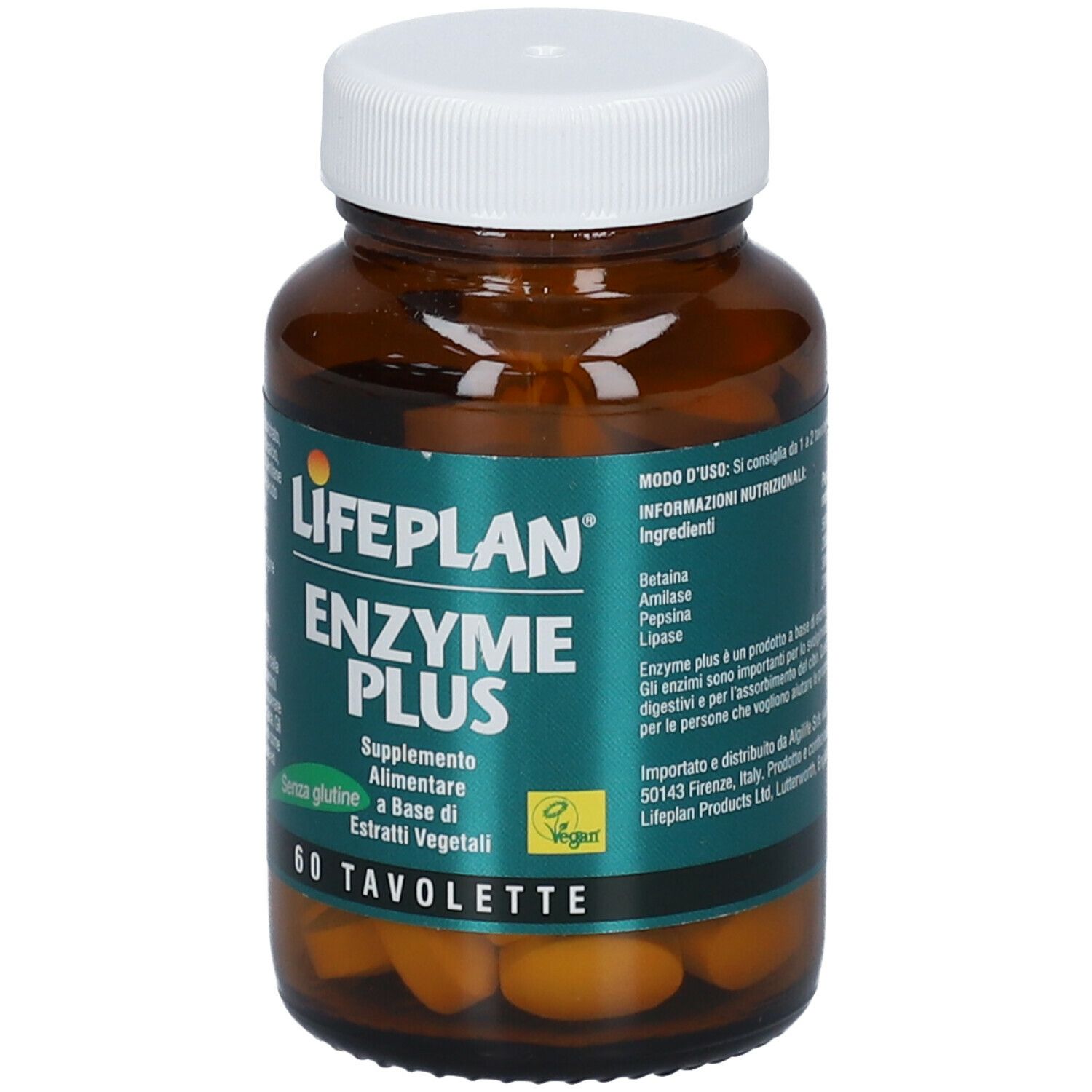 Flacone di compresse con tappo bianco. Etichetta LIFEPLAN® Enzyme Plus, 60 compresse. Sigillo vegano.