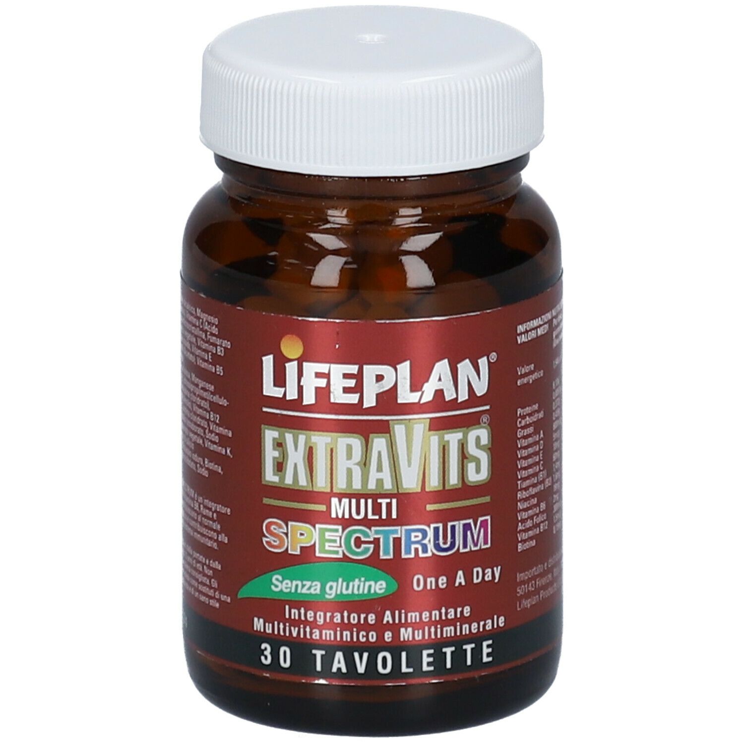 Flacone marrone con tappo bianco. Scritta: LIFEPLAN EXTRAVITS MULTI SPECTRUM, senza glutine, 30 compresse.