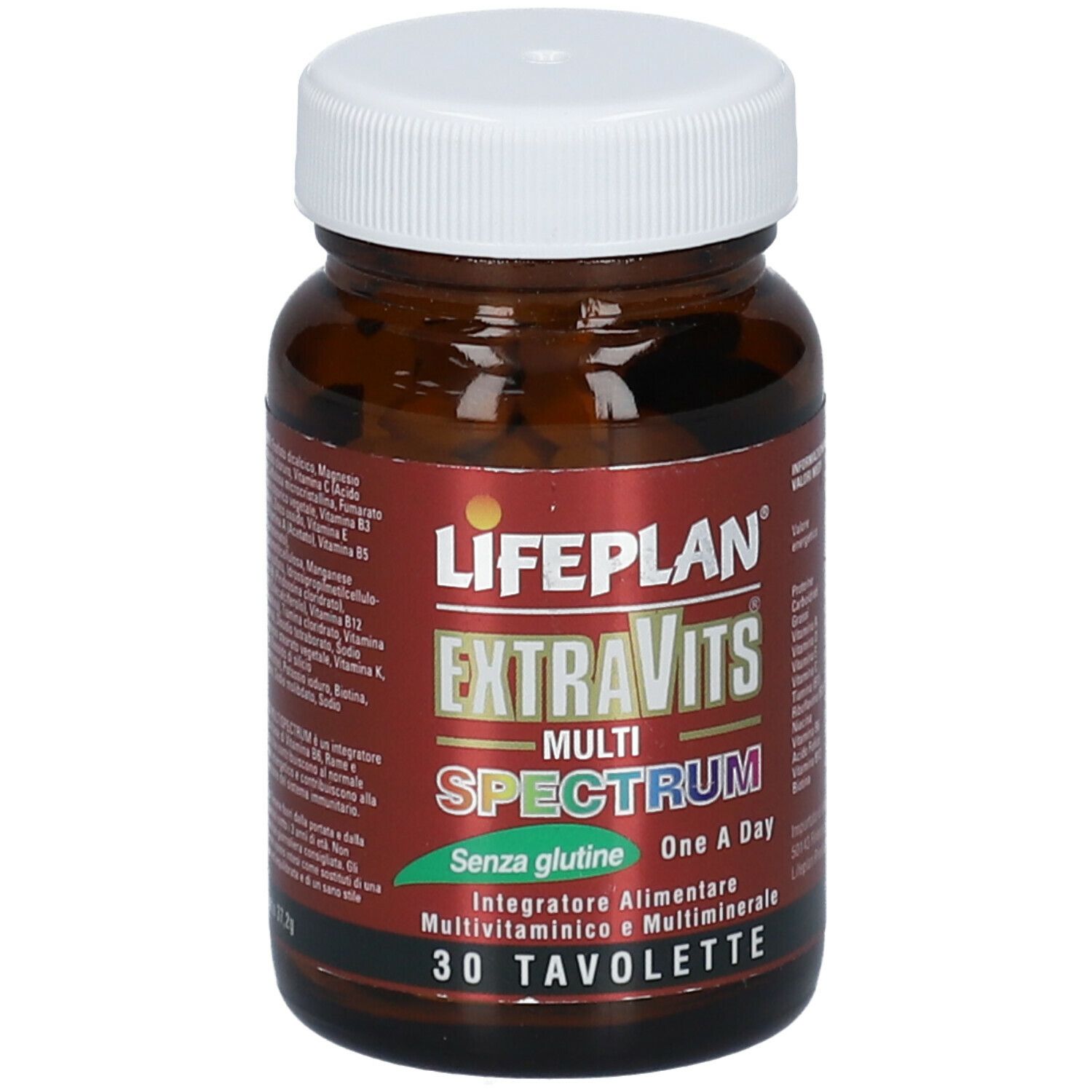 Flacone marrone con tappo bianco. Scritta: LIFEPLAN EXTRAVITS MULTI SPECTRUM, senza glutine, 30 compresse.