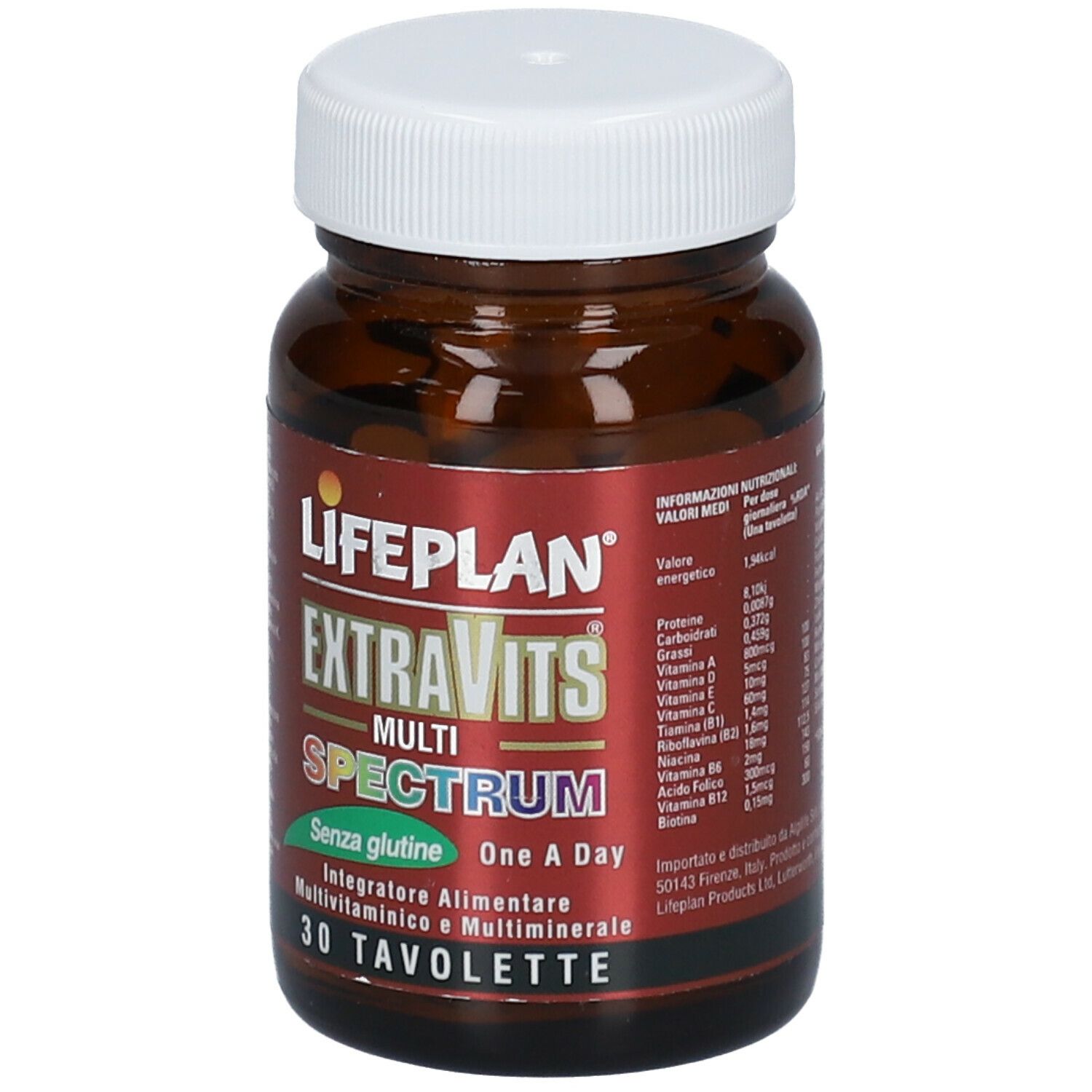 Flacone marrone con tappo bianco. Scritta: LIFEPLAN EXTRAVITS MULTI SPECTRUM, senza glutine, 30 compresse. Informazioni nutrizionali.