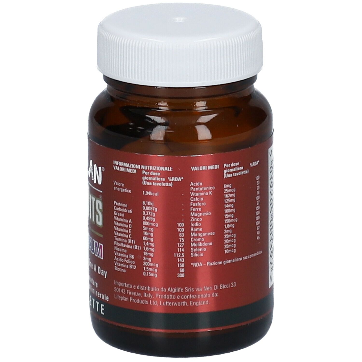 Retro del flacone. Informazioni nutrizionali e ingredienti. Scritta: LIFEPLAN EXTRAVITS MULTI SPECTRUM.