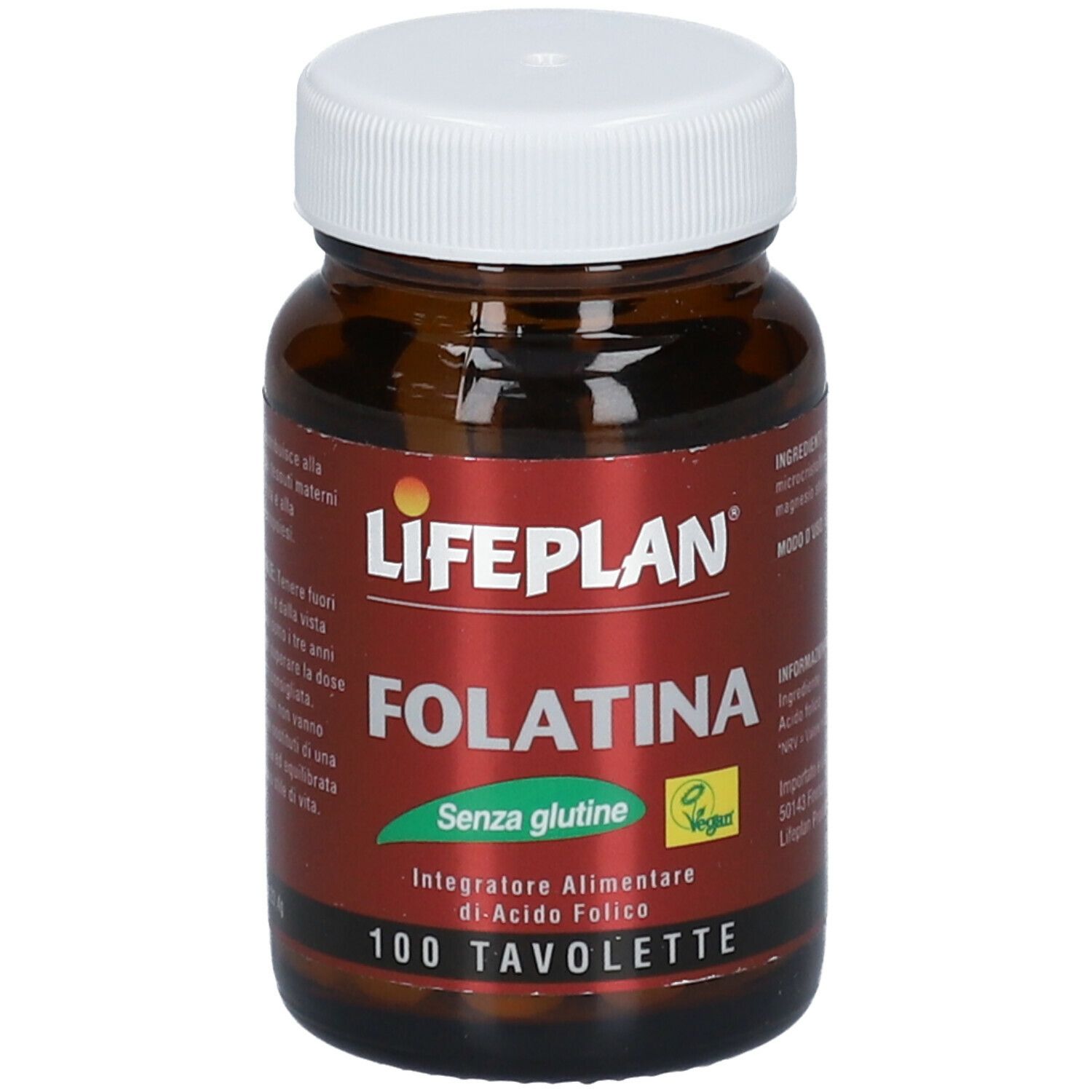 Flacone di vetro marrone con tappo bianco. Scritta: LIFEPLAN Folatina, senza glutine, 100 compresse.