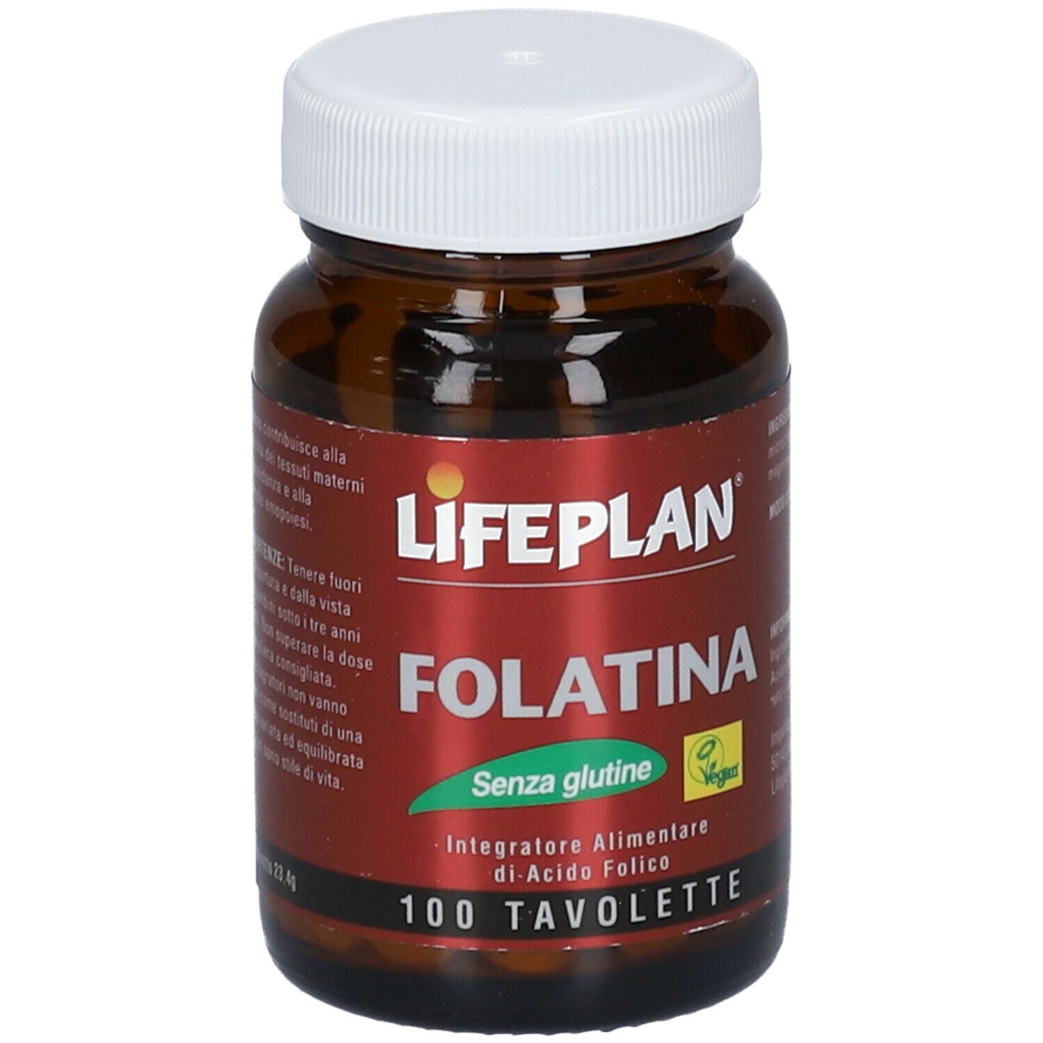 Flacone di vetro marrone con tappo bianco. Scritta: LIFEPLAN Folatina, senza glutine, 100 compresse. Logo vegano.