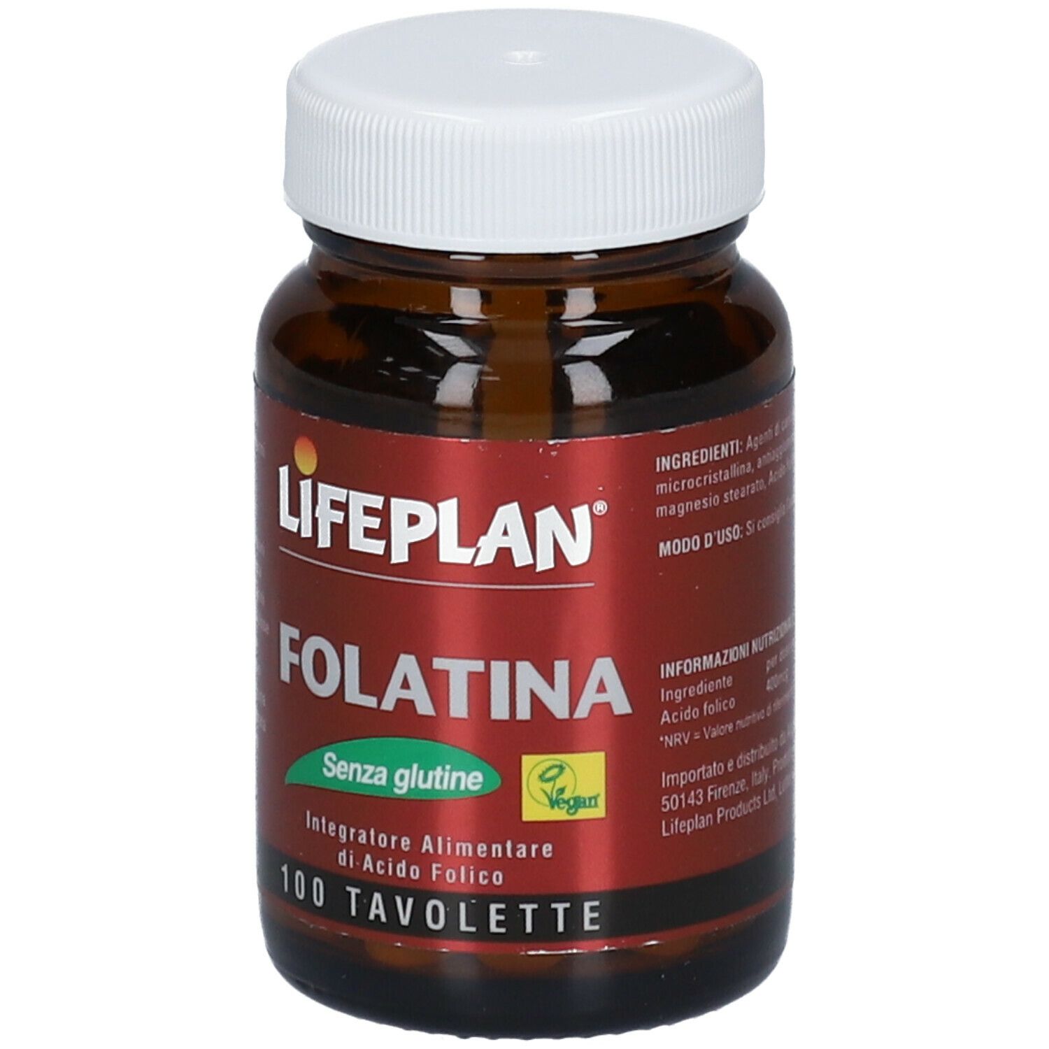 Flacone di vetro marrone con tappo bianco. Scritta: LIFEPLAN Folatina, senza glutine, 100 compresse. Logo vegano.