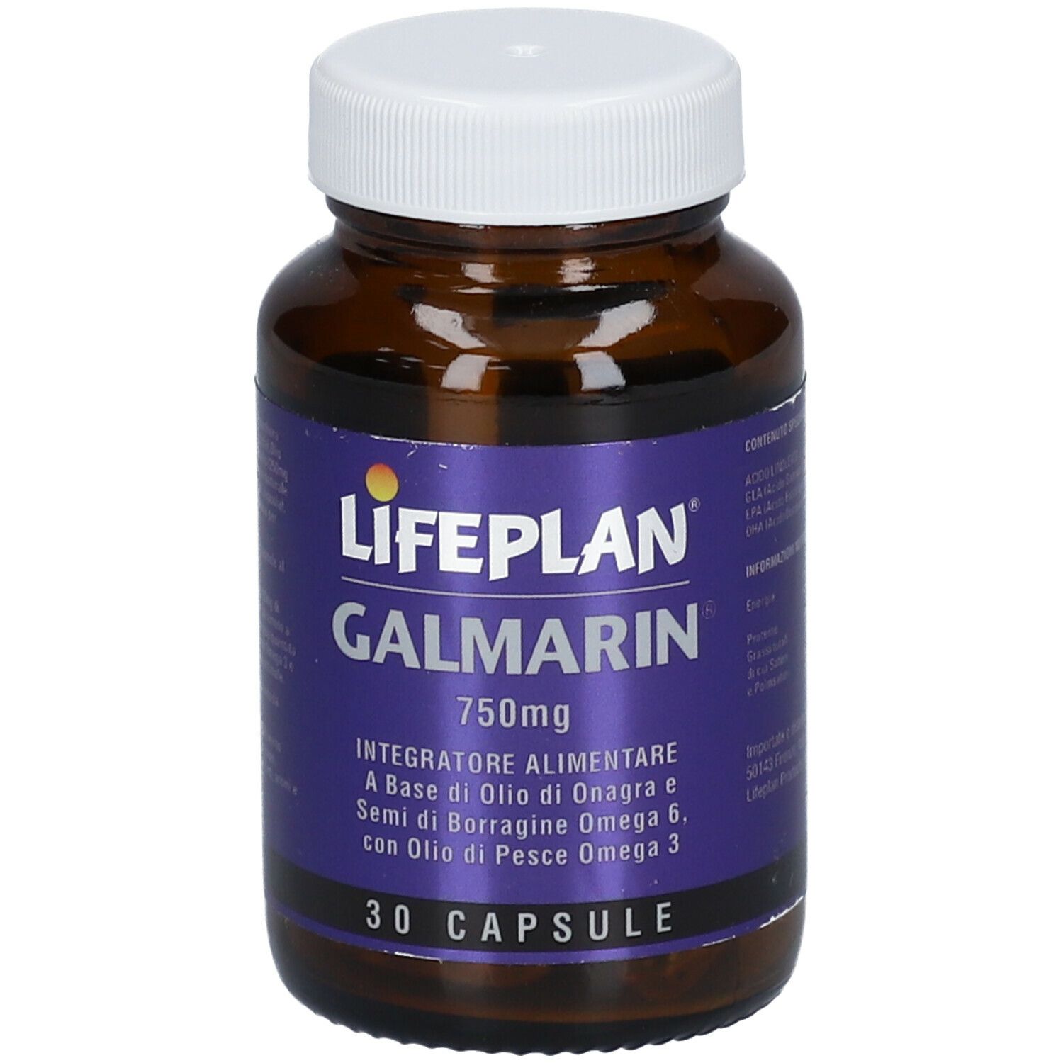 Flacone di vetro marrone con tappo bianco. L'etichetta viola indica LIFEPLAN Galmarin 750mg e 30 capsule.
