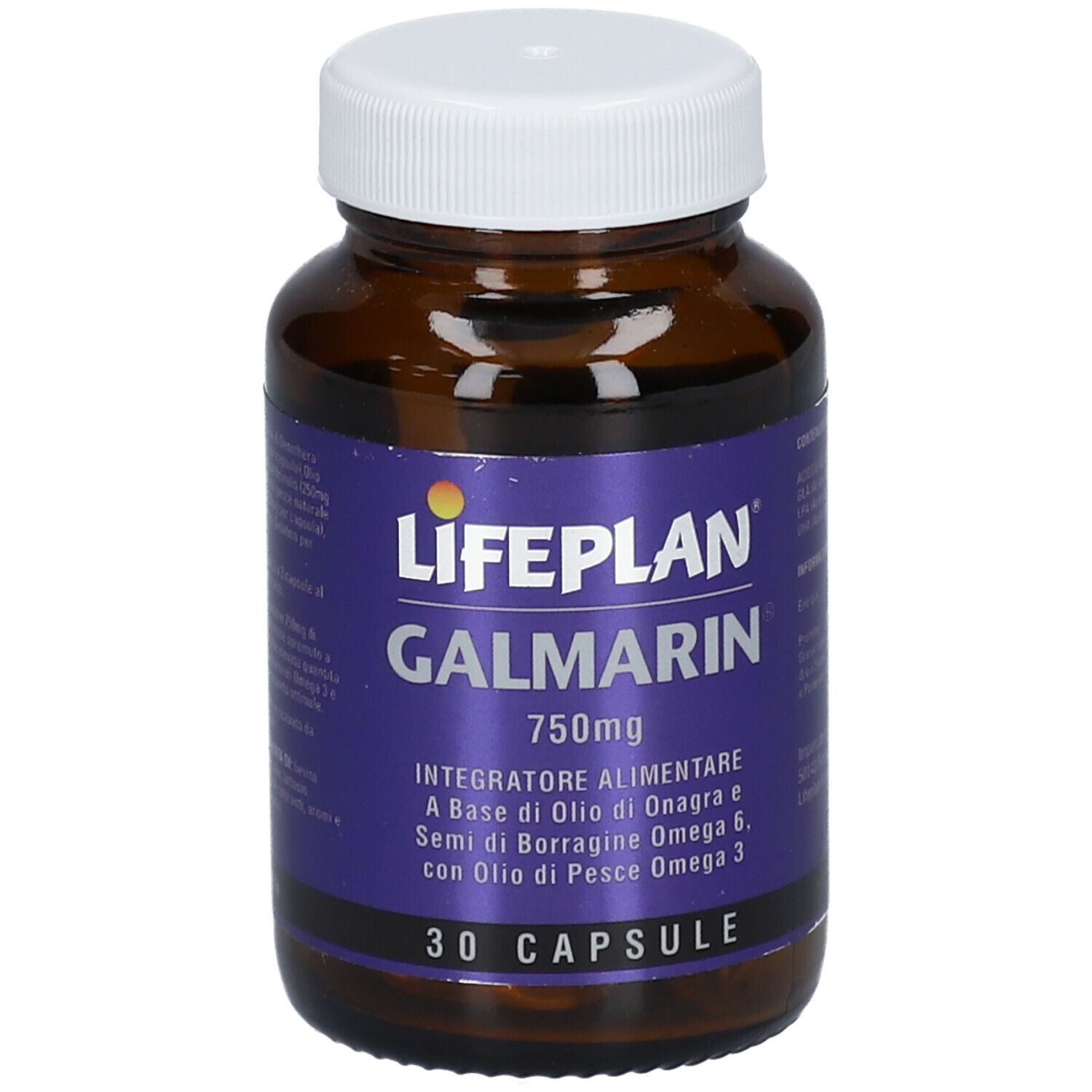 Flacone di vetro marrone con tappo bianco. L'etichetta viola indica LIFEPLAN Galmarin 750mg e 30 capsule.