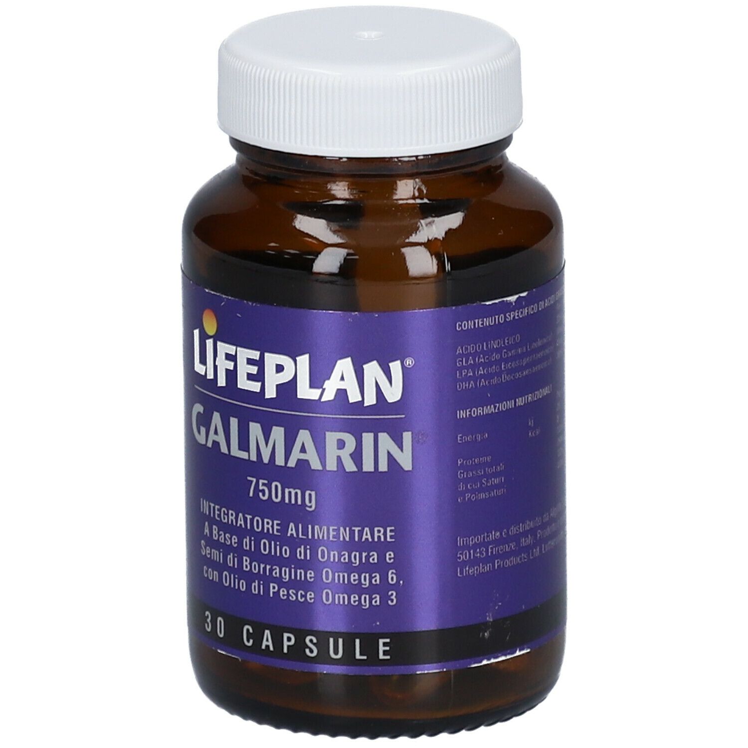 Flacone di vetro marrone con tappo bianco. L'etichetta mostra LIFEPLAN Galmarin 750mg e altre informazioni.
