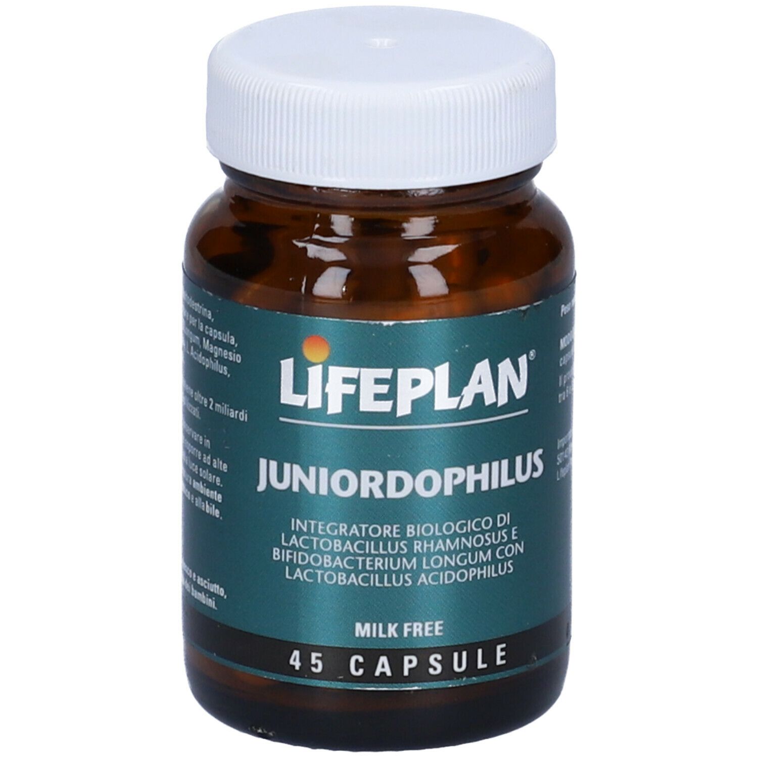 Flacone di vetro marrone con tappo bianco. Etichetta: LIFEPLAN Juniordophilus, 45 capsule, senza latte.