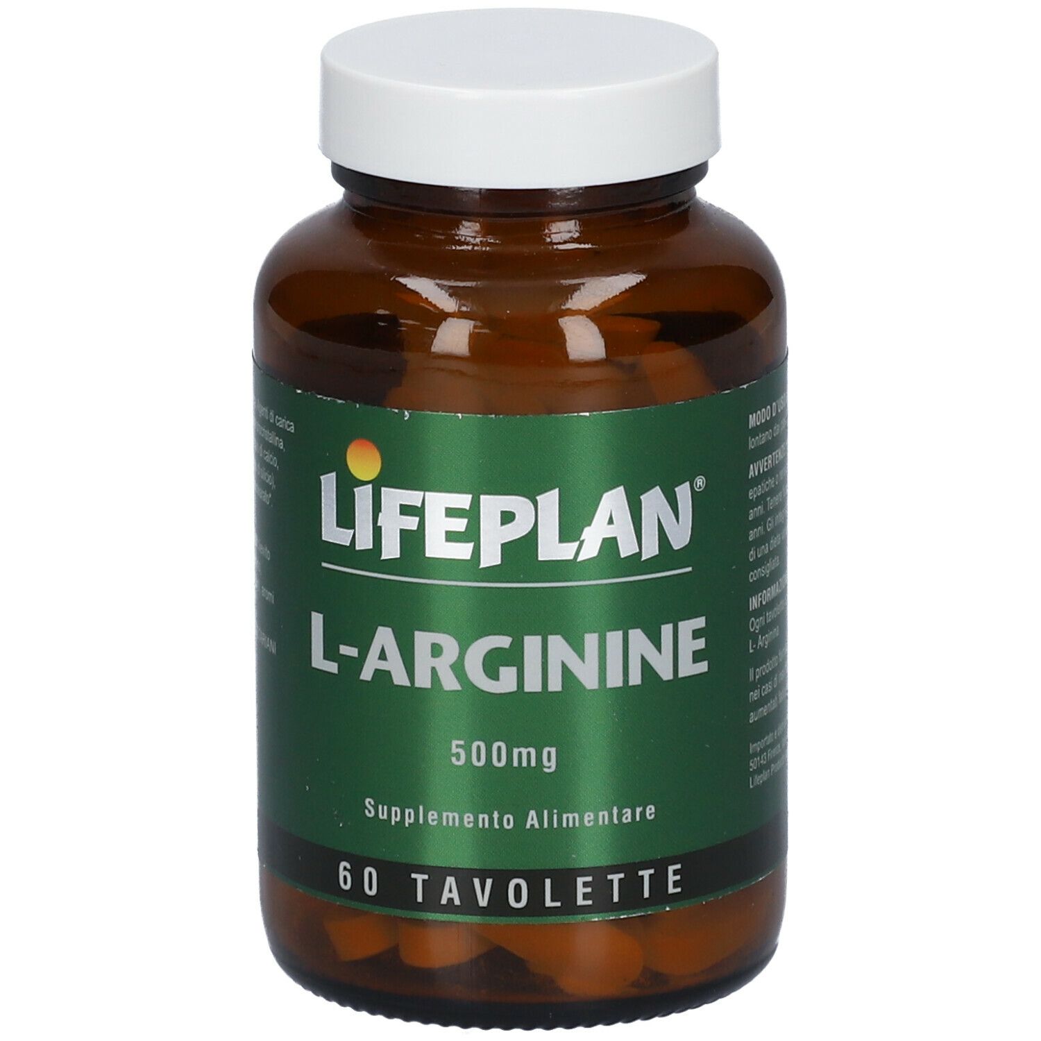 Flacone di vetro marrone con coperchio bianco. Scritta: LIFEPLAN L-Arginine, 500mg, 60 compresse. Etichetta verde e bianca.