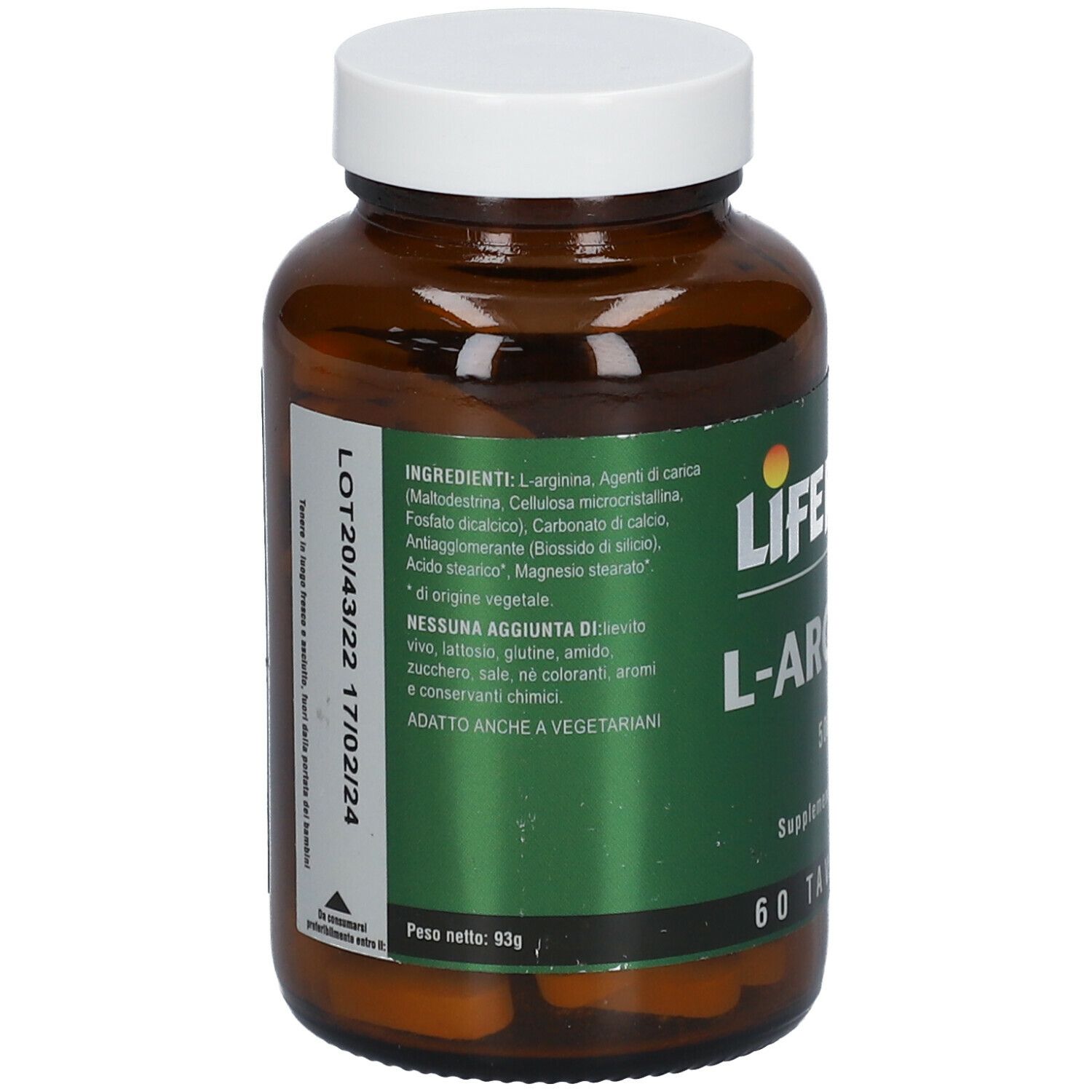 Flacone di vetro marrone con coperchio bianco. Scritta: LIFEPLAN L-Arginine, 500mg, 60 compresse. Etichetta con ingredienti e numero di lotto.