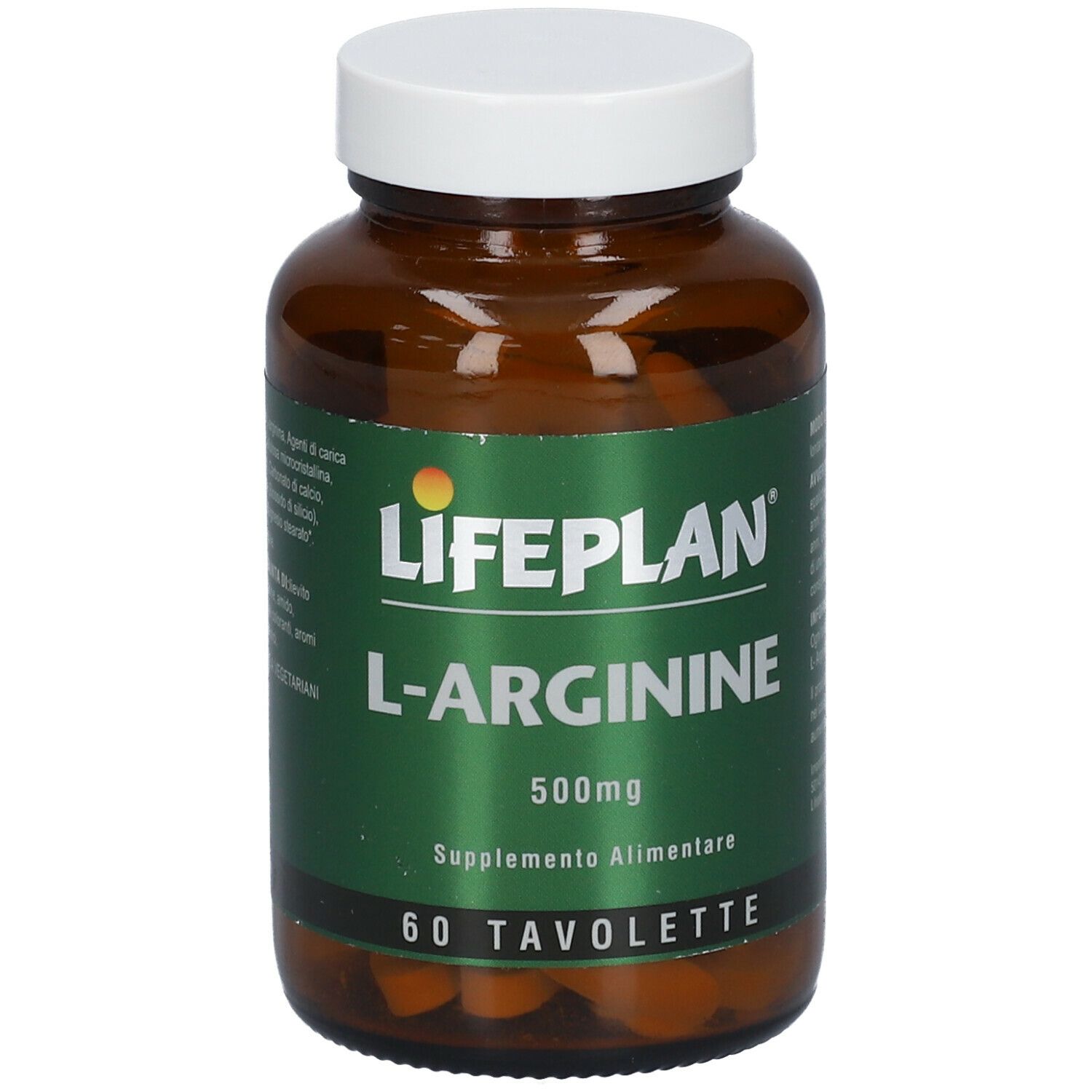 Flacone di vetro marrone con coperchio bianco. Scritta: LIFEPLAN L-Arginine, 500mg, 60 compresse. Etichetta verde e bianca.