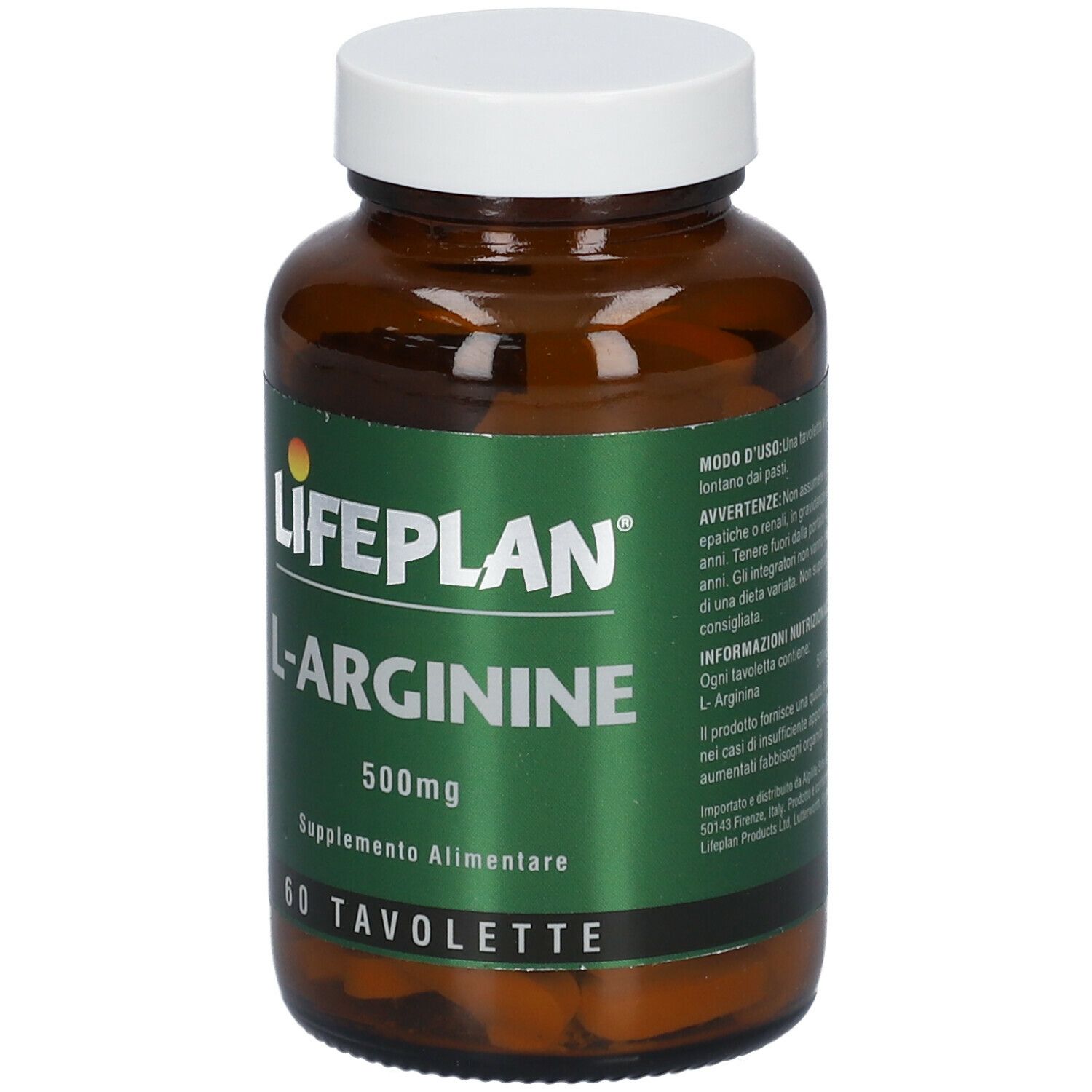 Flacone di vetro marrone con coperchio bianco. Scritta: LIFEPLAN L-Arginine, 500mg, 60 compresse. Etichetta con istruzioni per l'uso.