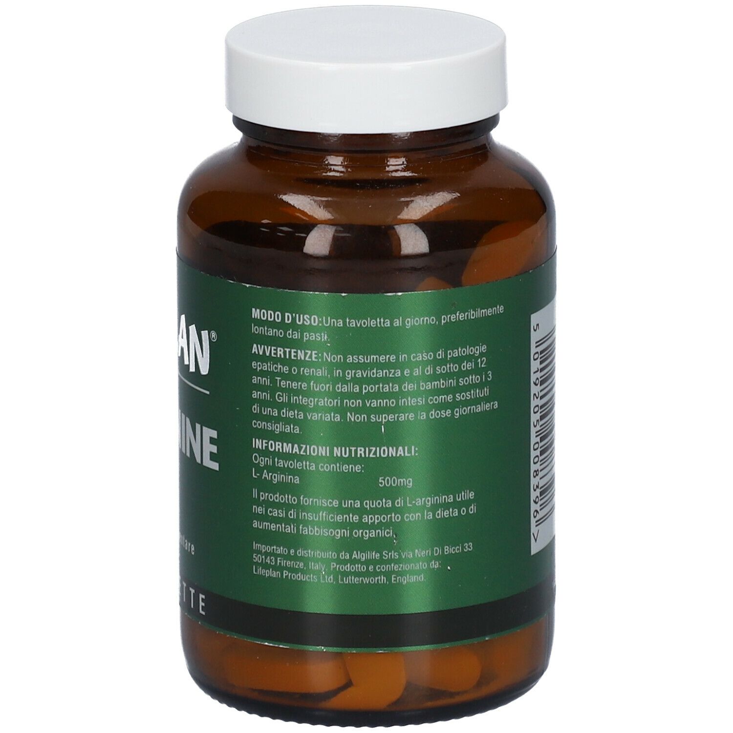 Flacone di vetro marrone con coperchio bianco. Scritta: LIFEPLAN L-Arginine, 500mg, 60 compresse. Etichetta con informazioni nutrizionali.