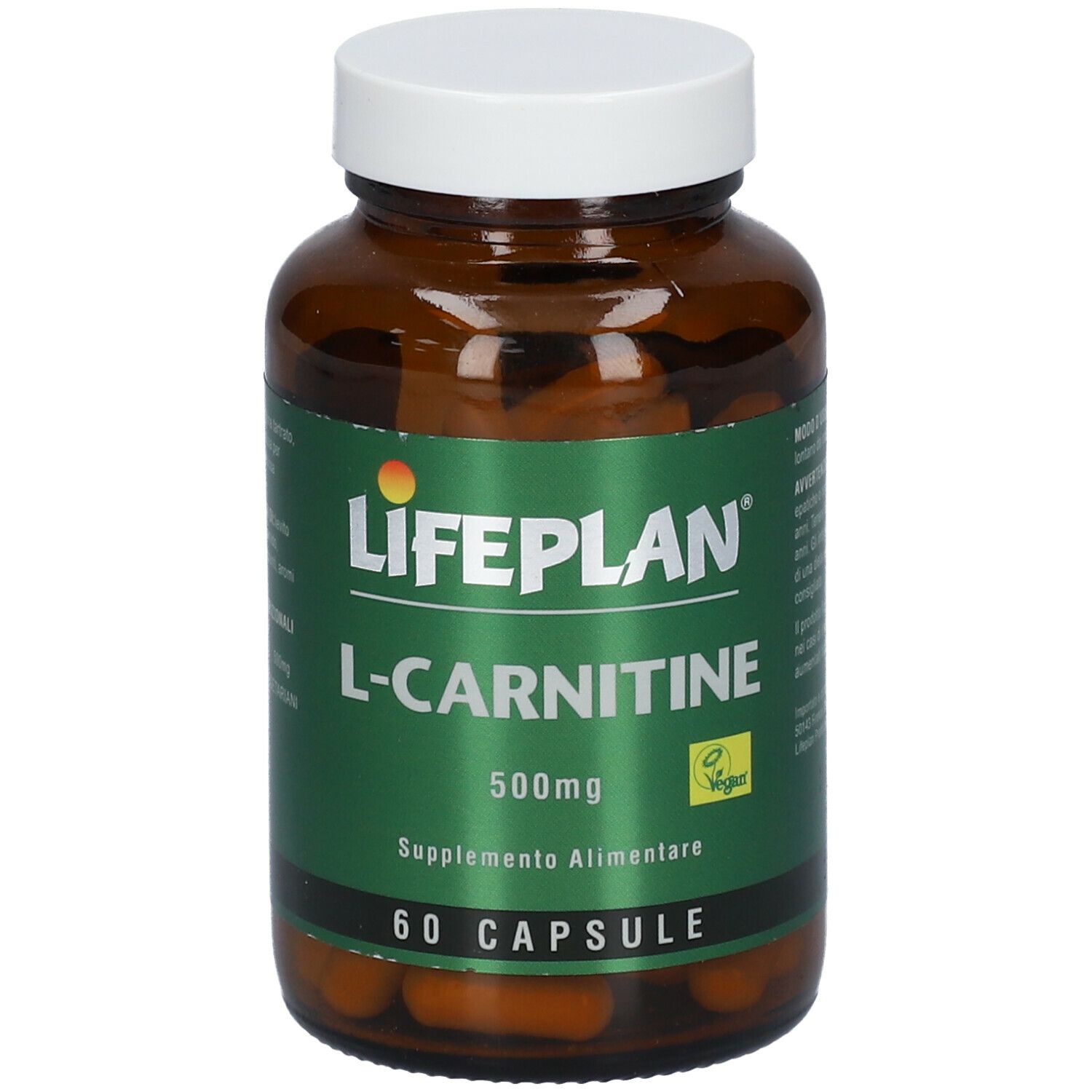 Flacone di vetro marrone con tappo bianco. Scritta LIFEPLAN L-Carnitine 500mg. 60 capsule. Sigillo vegano.