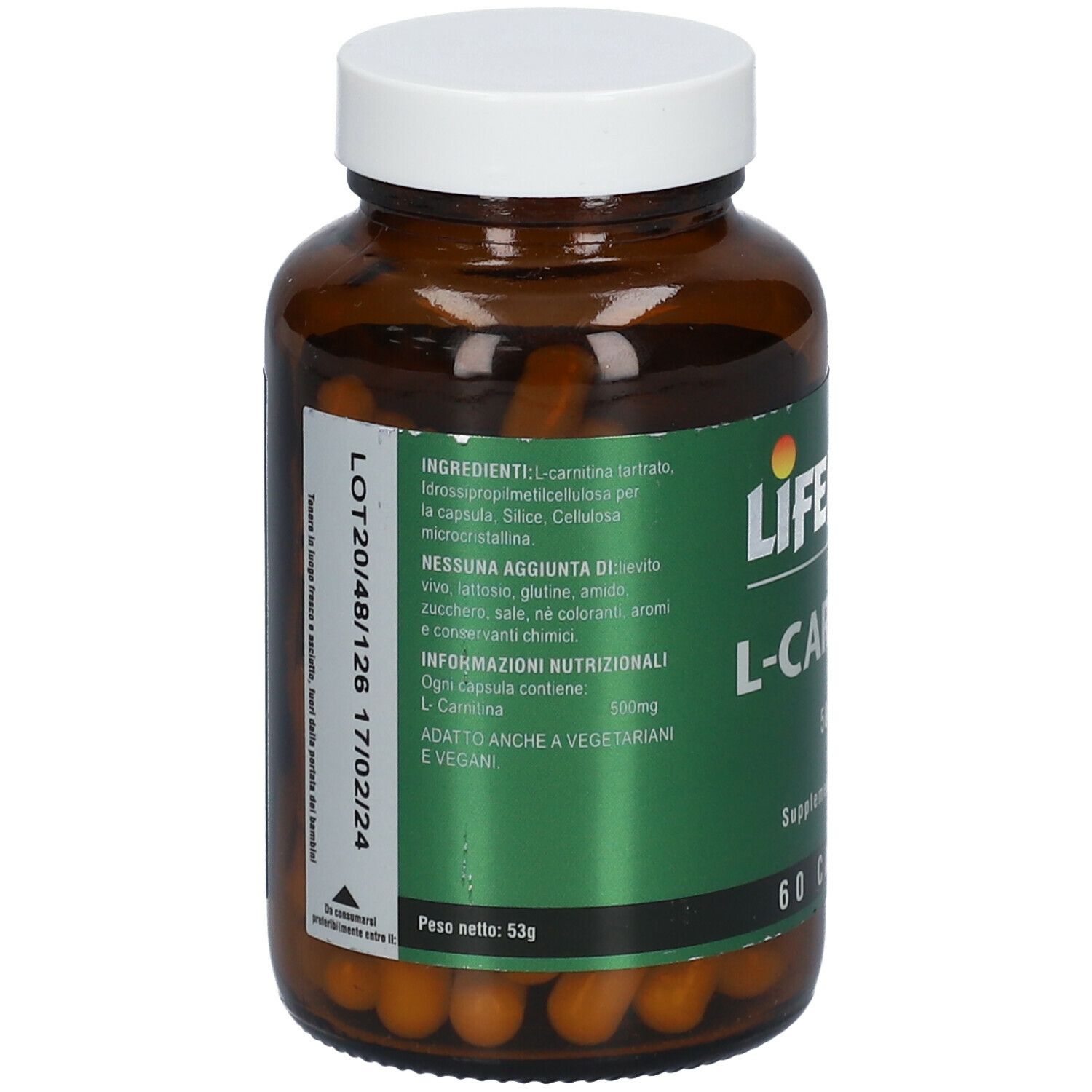 Flacone di vetro marrone con tappo bianco. Scritta LIFEPLAN L-Carnitine. Elenco ingredienti e informazioni nutrizionali. 60 capsule.