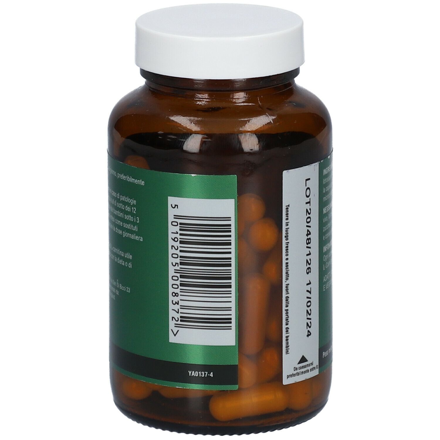 Flacone di vetro marrone con tappo bianco. Retro con codice a barre e numero di lotto. Contiene capsule.