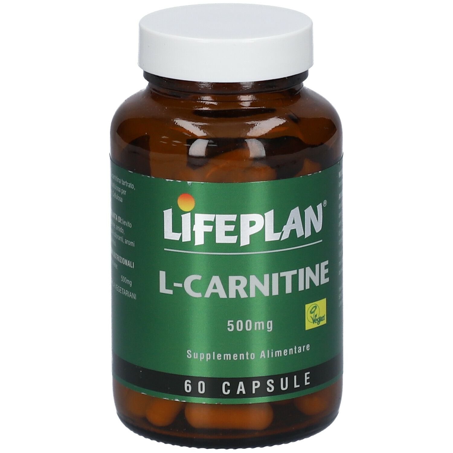 Flacone di vetro marrone con tappo bianco. Scritta LIFEPLAN L-Carnitine 500mg. 60 capsule. Sigillo vegano.