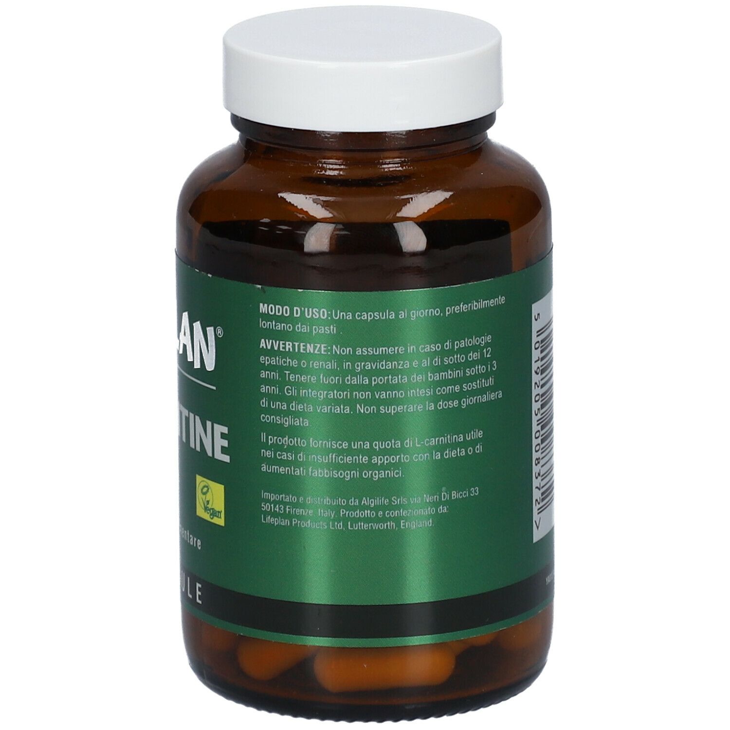 Flacone di vetro marrone con tappo bianco. Scritta LIFEPLAN L-Carnitine. Istruzioni per l'uso e avvertenze. 60 capsule.