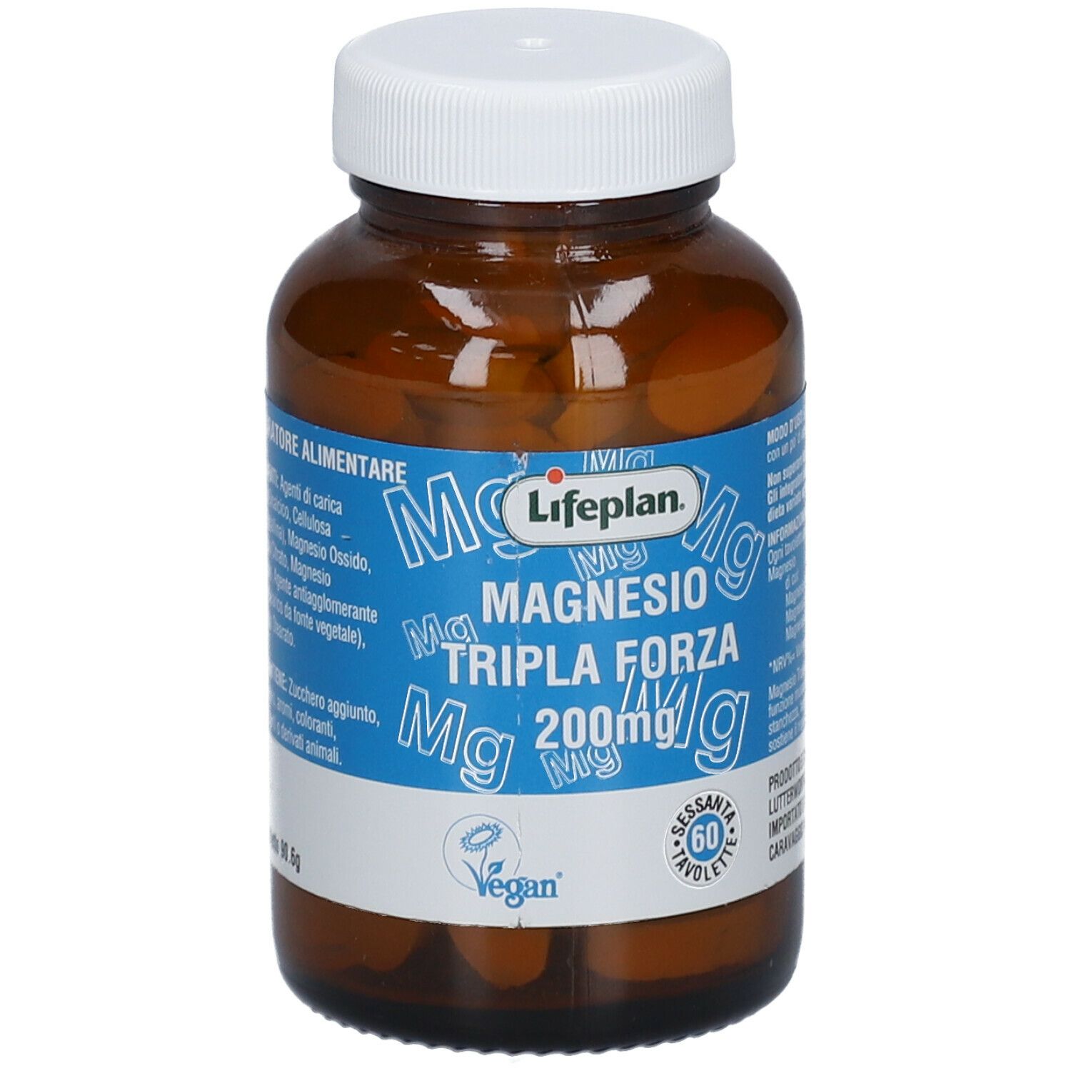 Flacone di vetro marrone con tappo bianco. Etichetta con nome del prodotto, informazioni e sigillo vegano.