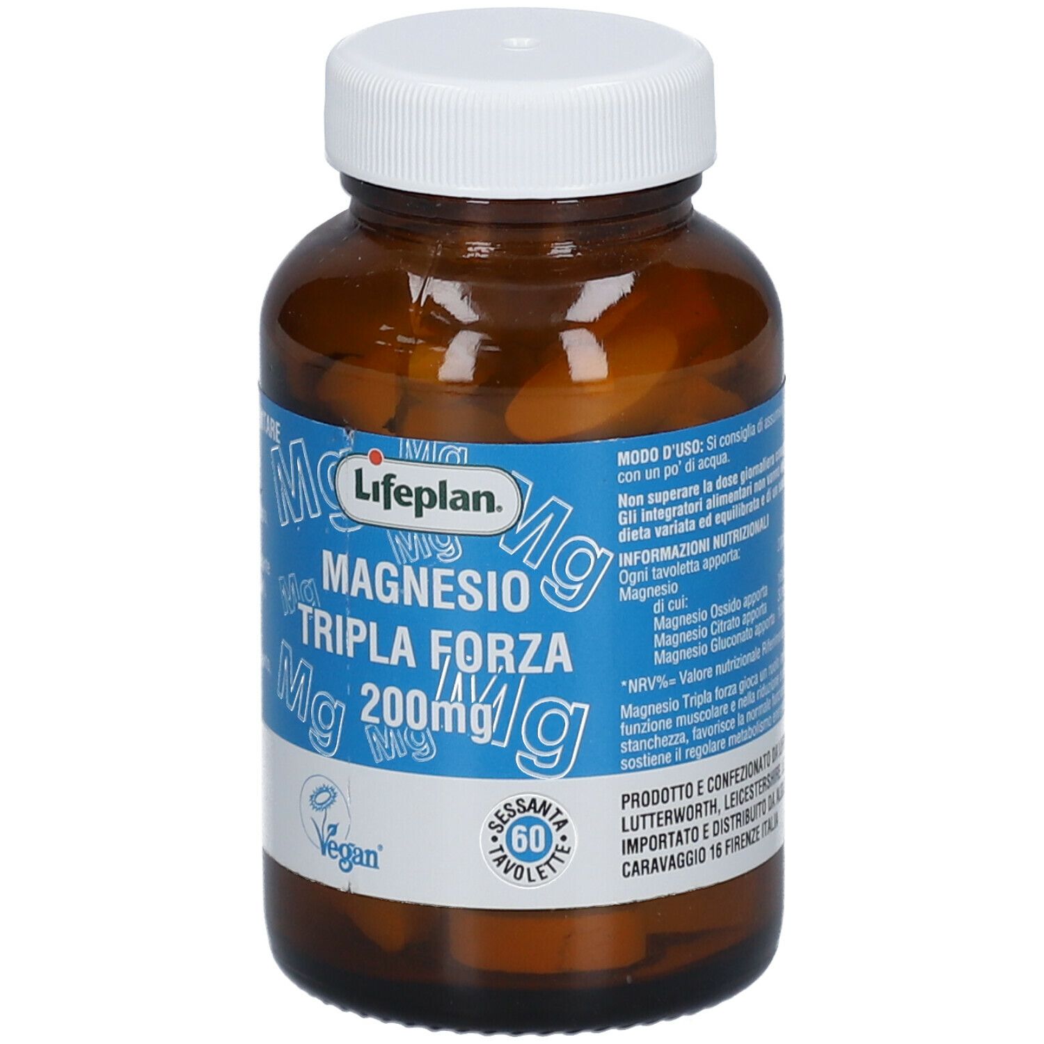 Flacone di vetro marrone con tappo bianco. Etichetta con nome del prodotto, informazioni, sigillo vegano e 60 compresse.
