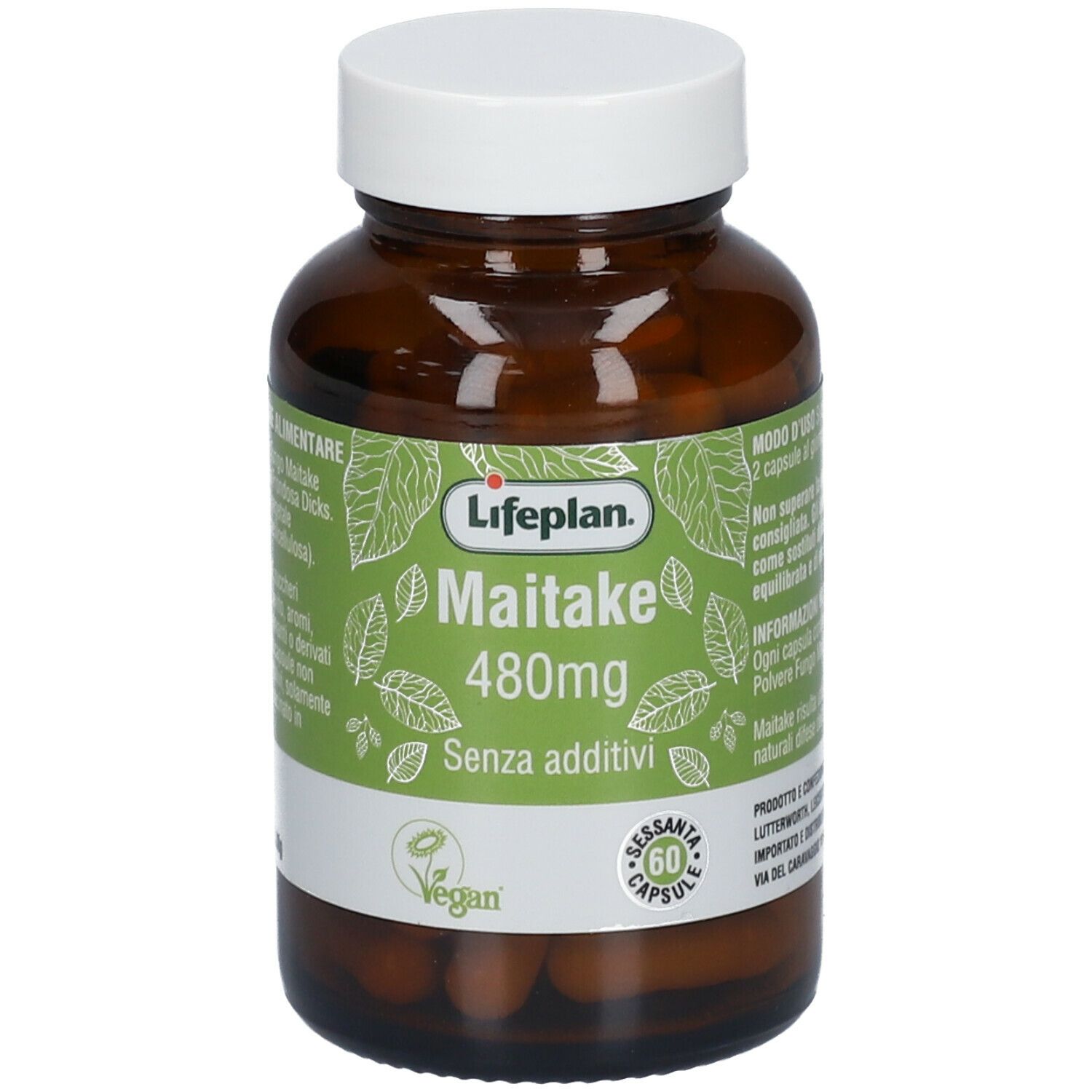 Flacone di vetro marrone con tappo bianco. Etichetta "Lifeplan Maitake 480mg". Sigillo vegano. 60 capsule.