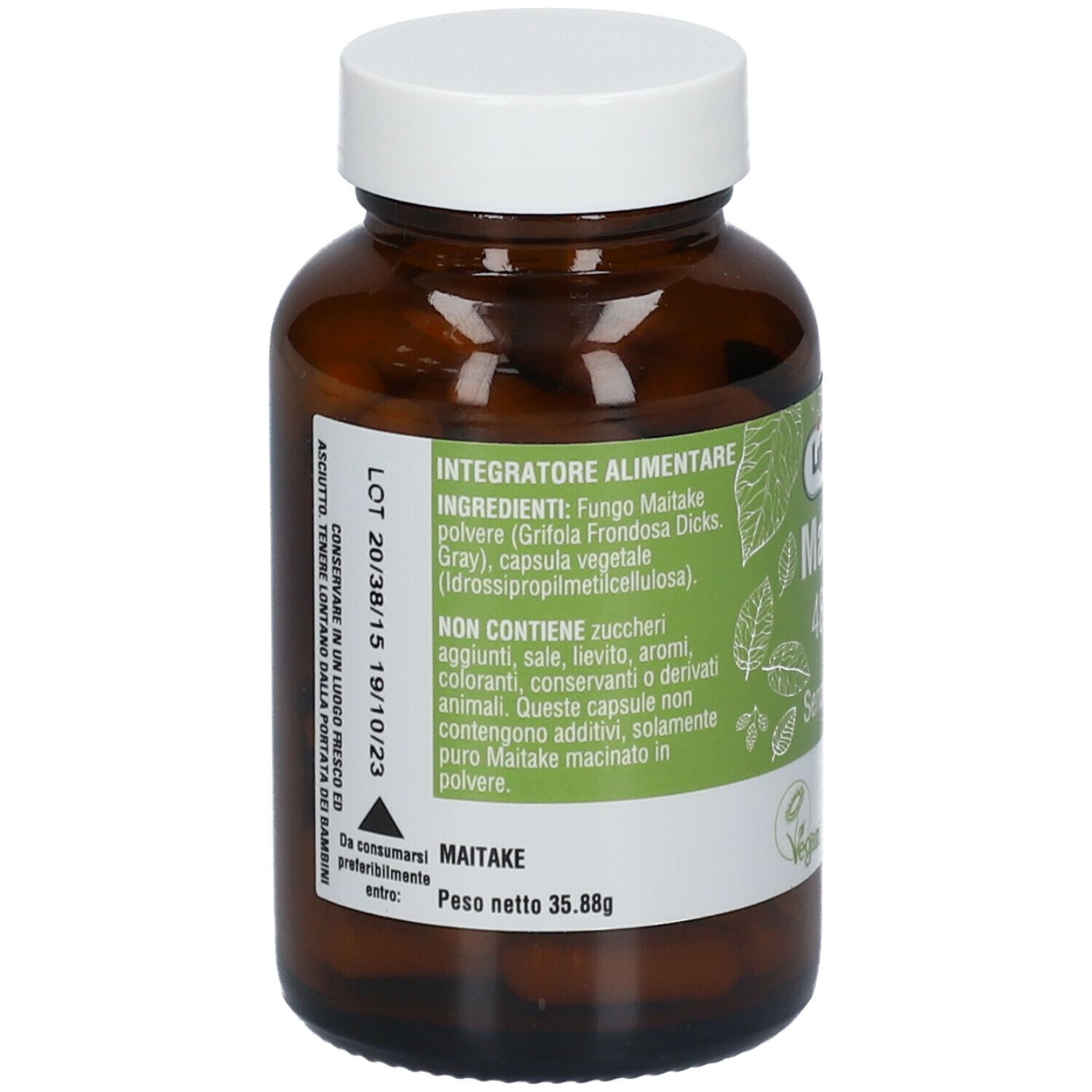 Retro del flacone marrone. Etichetta con elenco ingredienti e informazioni nutrizionali. Sigillo vegano. Scadenza 10/23.