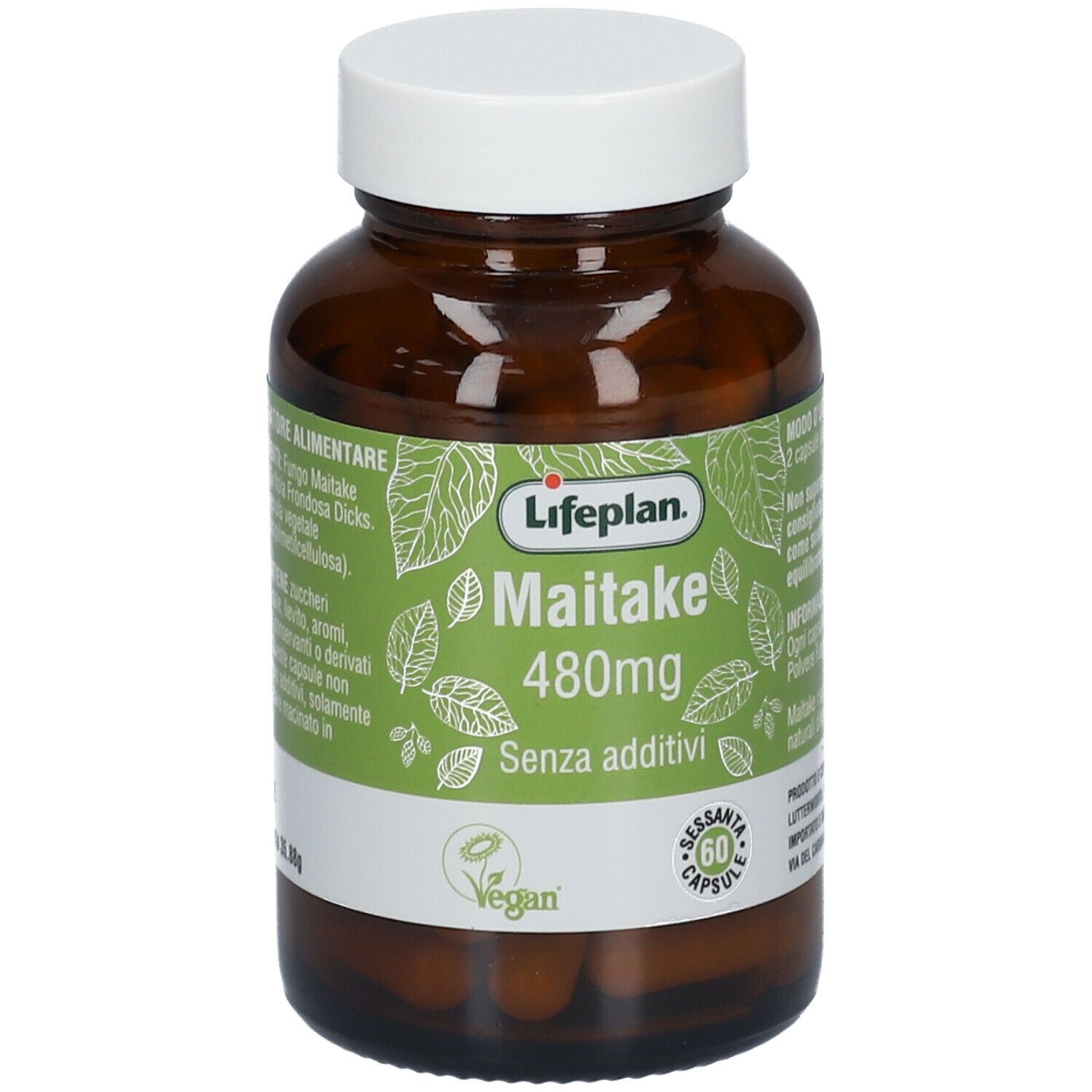 Flacone di vetro marrone con tappo bianco. Etichetta "Lifeplan Maitake 480mg". Sigillo vegano. 60 capsule.
