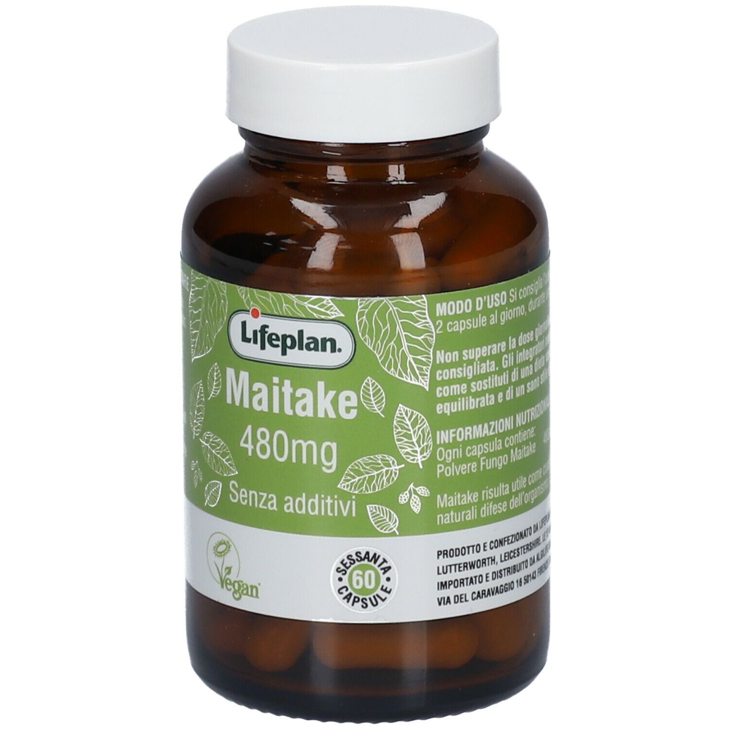Flacone di vetro marrone con tappo bianco. Etichetta "Lifeplan Maitake 480mg". Sigillo vegano. 60 capsule.