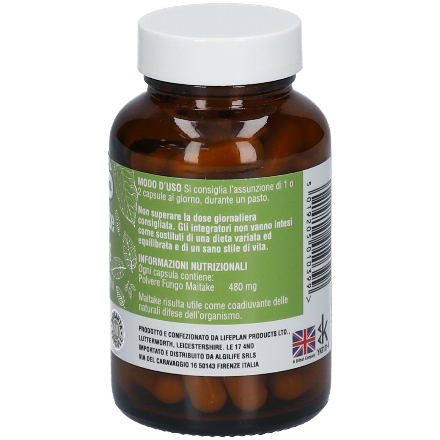 Retro del flacone marrone. Etichetta con istruzioni per l'uso e informazioni nutrizionali. Sigillo vegano.