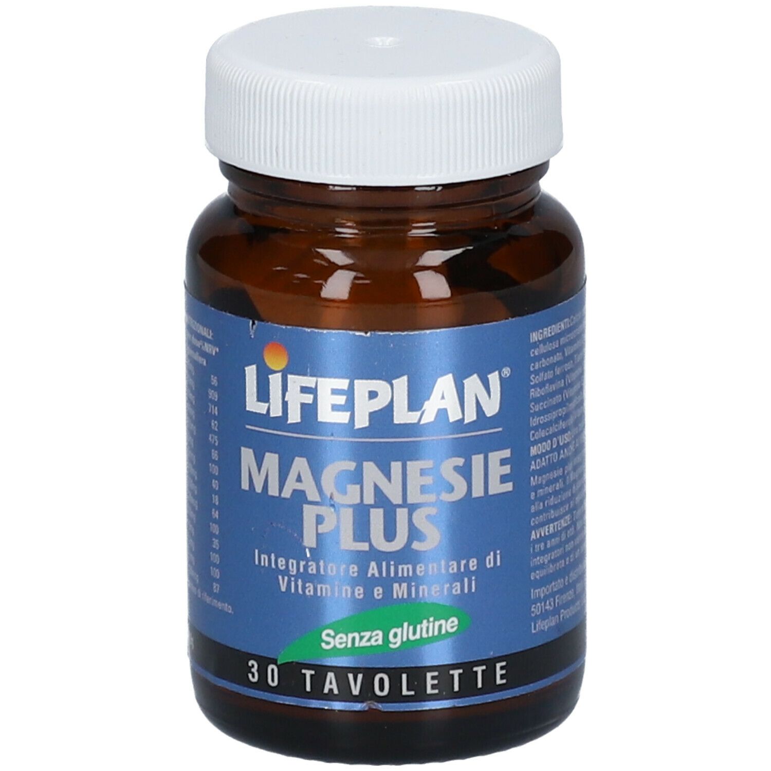 Flacone marrone con tappo bianco. Scritta: LIFEPLAN Magnesie Plus, 30 compresse. Senza glutine.