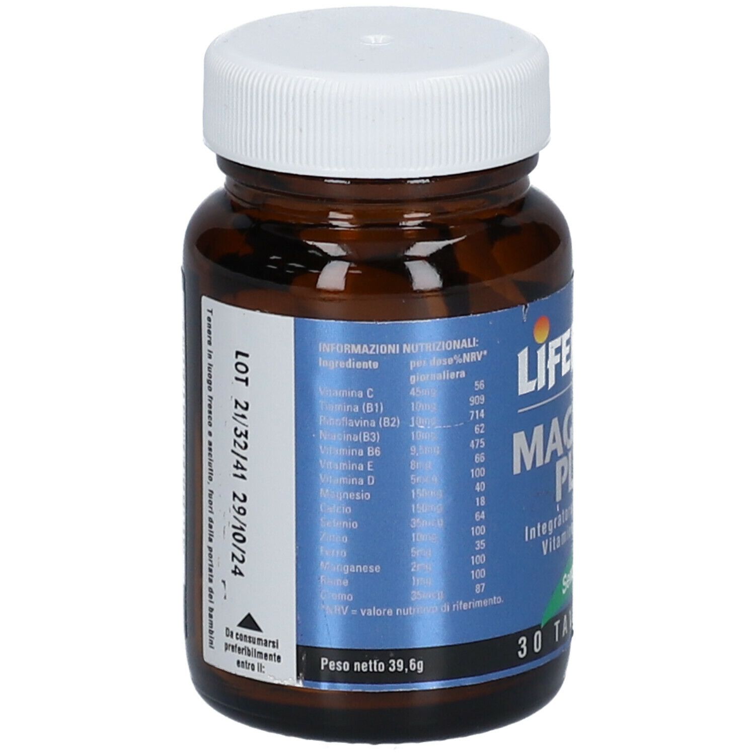 Flacone marrone con tappo bianco. Scritta: LIFEPLAN Magnesie Plus. Informazioni nutrizionali e data di scadenza.