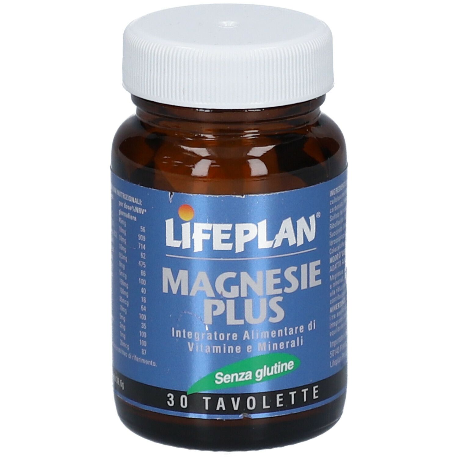 Flacone marrone con tappo bianco. Scritta: LIFEPLAN Magnesie Plus, 30 compresse. Senza glutine.