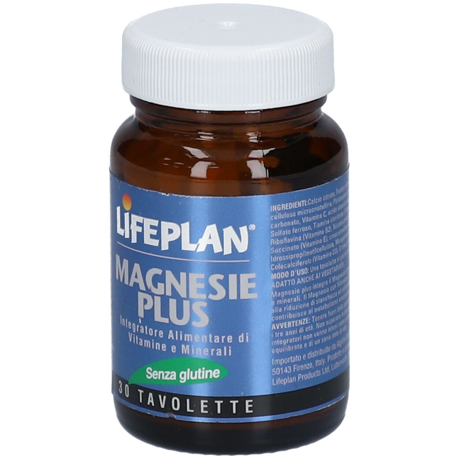 Flacone marrone con tappo bianco. Scritta: LIFEPLAN Magnesie Plus, 30 compresse. Elenco ingredienti.