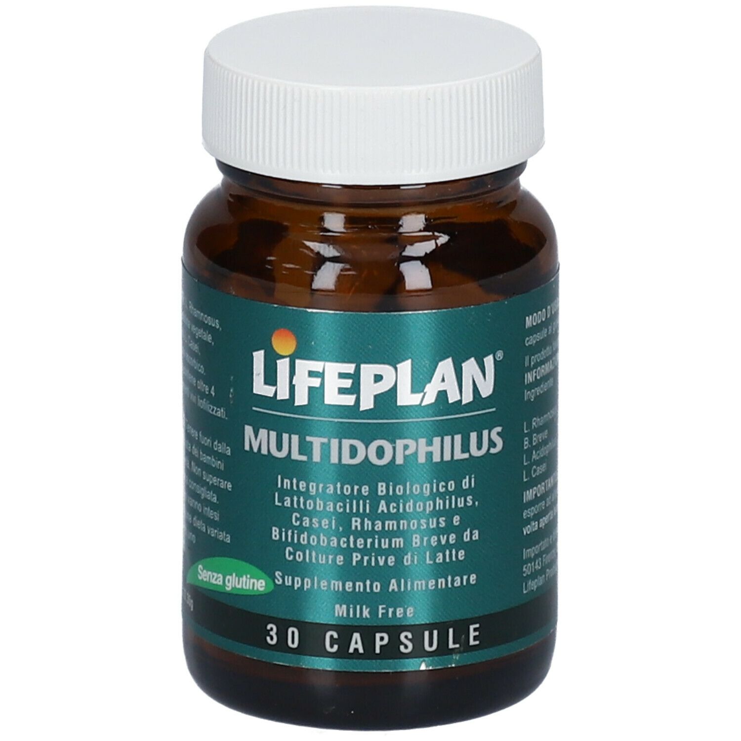 Flacone di vetro marrone con tappo bianco. Scritta: LIFEPLAN Multidophilus, 30 capsule. Senza glutine, senza latte.