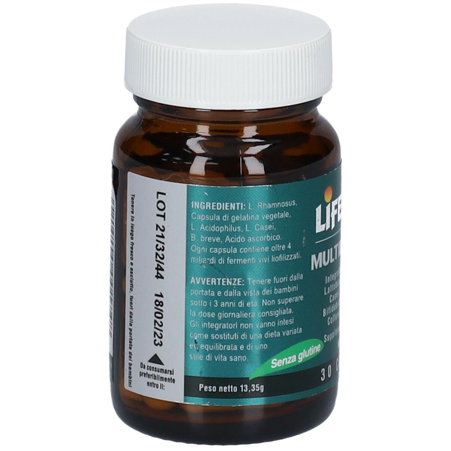 Flacone di vetro marrone con tappo bianco. Scritta: LIFEPLAN Multidophilus. Elenco ingredienti, avvertenze, numero di lotto e data di scadenza.