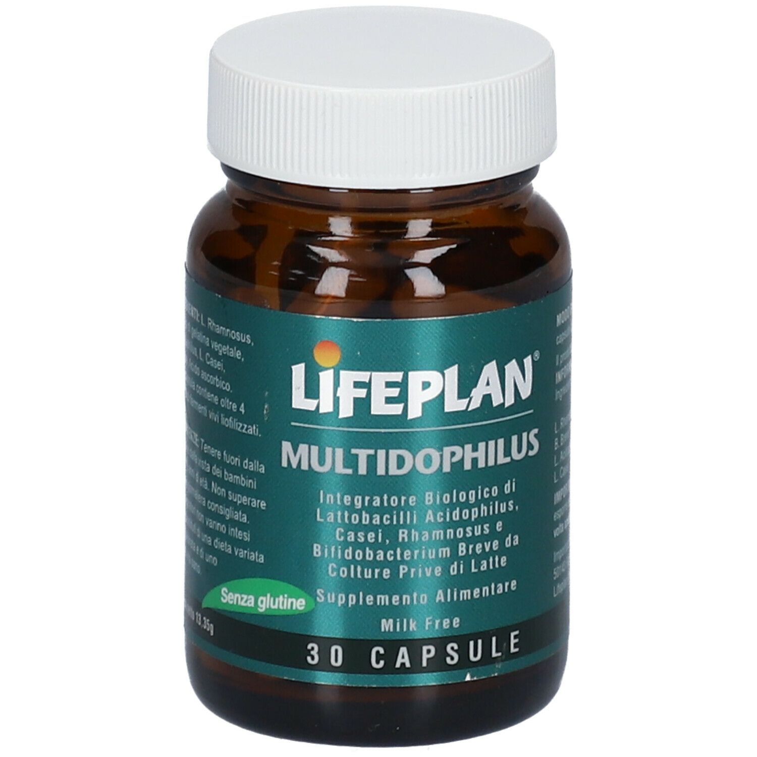 Flacone di vetro marrone con tappo bianco. Scritta: LIFEPLAN Multidophilus, 30 capsule. Senza glutine, senza latte.