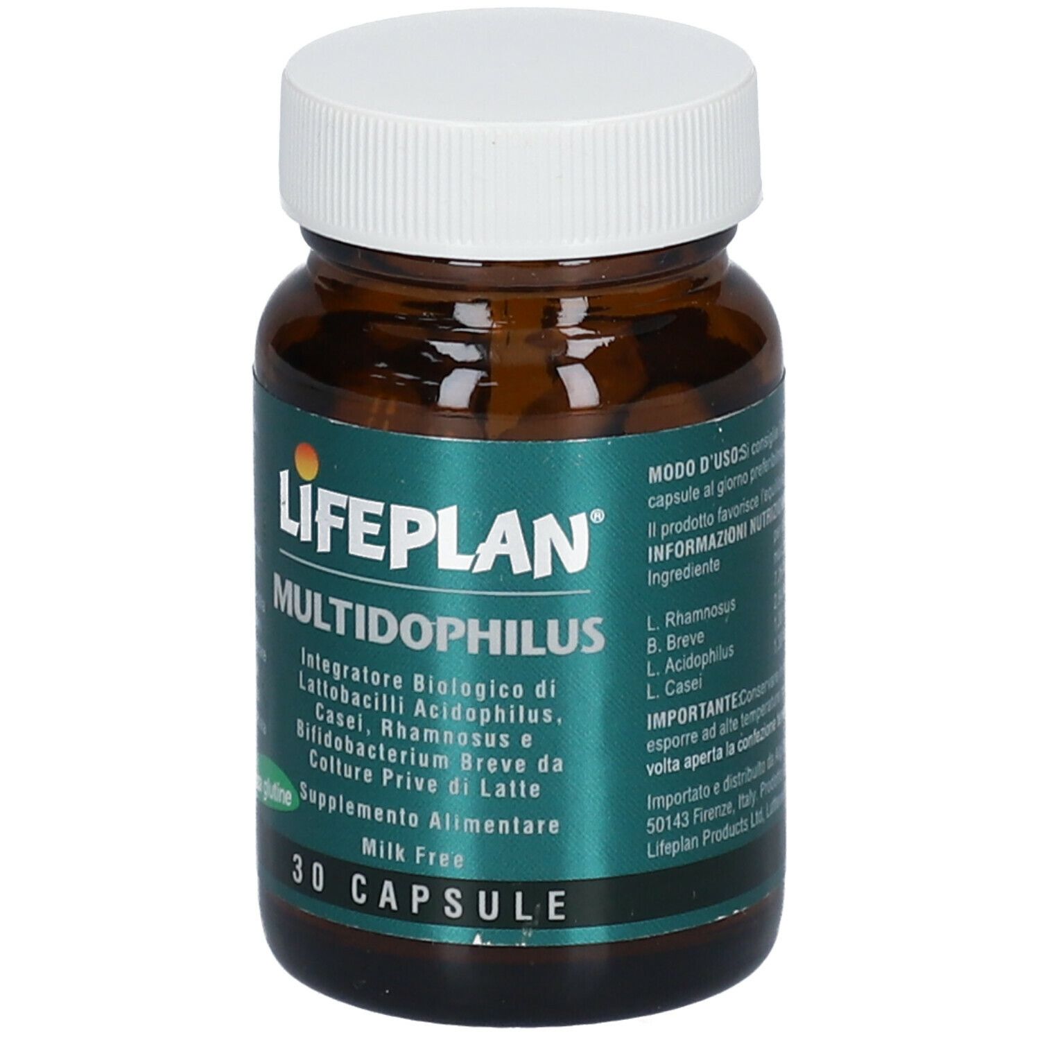 Flacone di vetro marrone con tappo bianco. Scritta: LIFEPLAN Multidophilus, 30 capsule. Informazioni sul prodotto e ingredienti.