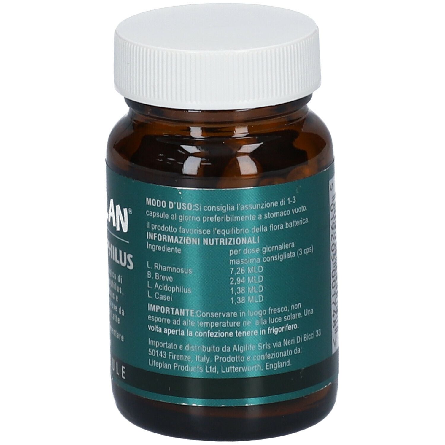 Flacone di vetro marrone con tappo bianco. Scritta: LIFEPLAN Multidophilus. Raccomandazioni di dosaggio e informazioni nutrizionali.