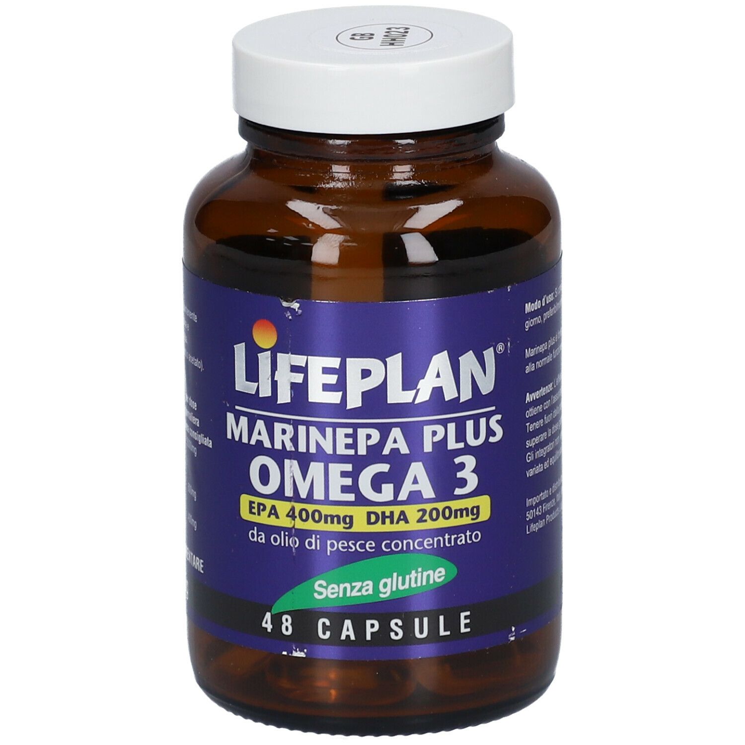 Flacone marrone con tappo bianco. Etichetta con nome prodotto LIFEPLAN Marinepa Plus Omega 3. 48 capsule, senza glutine.