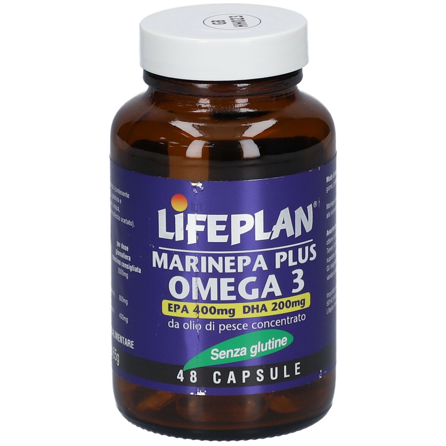 Flacone marrone con tappo bianco. Etichetta con nome prodotto LIFEPLAN Marinepa Plus Omega 3. 48 capsule, senza glutine.