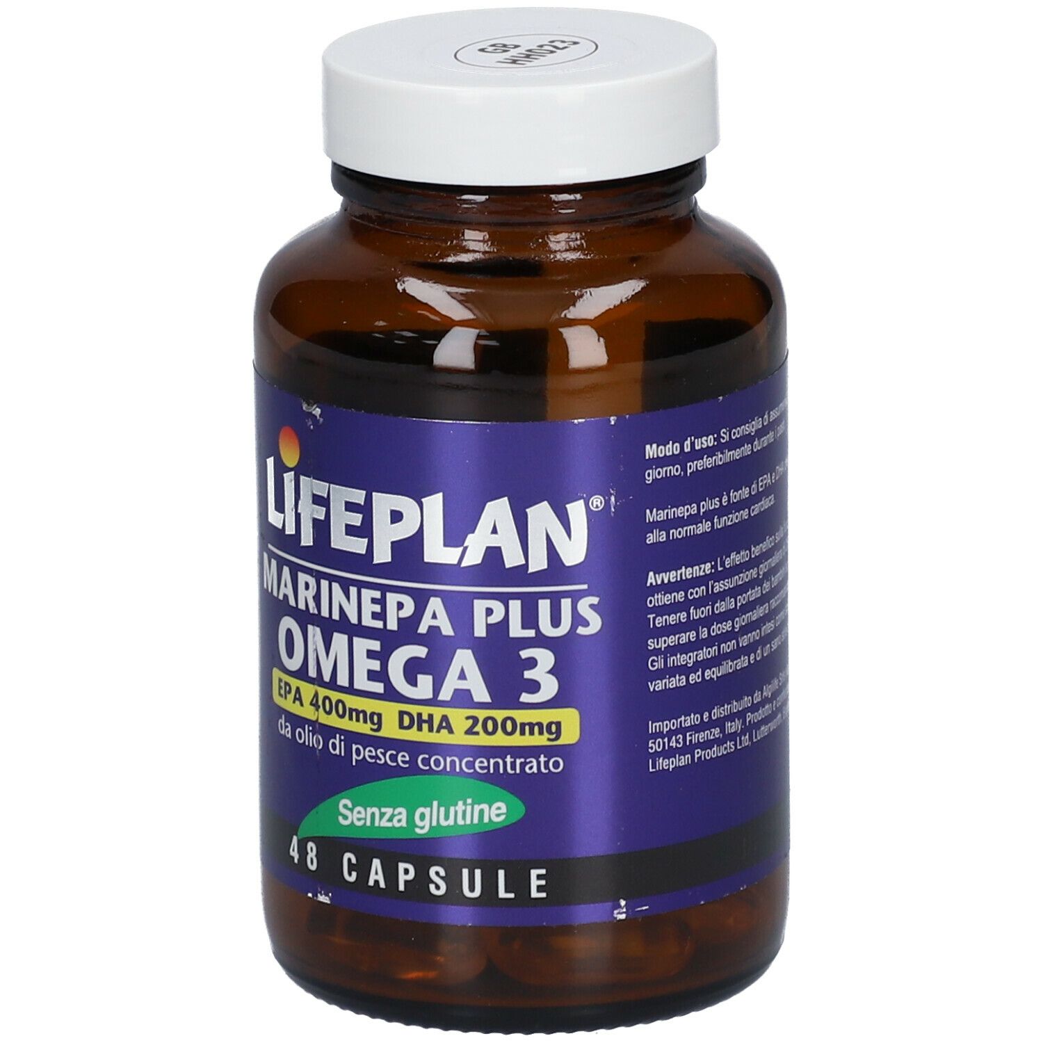 Flacone marrone con tappo bianco. Etichetta con nome prodotto LIFEPLAN Marinepa Plus Omega 3. 48 capsule, senza glutine.