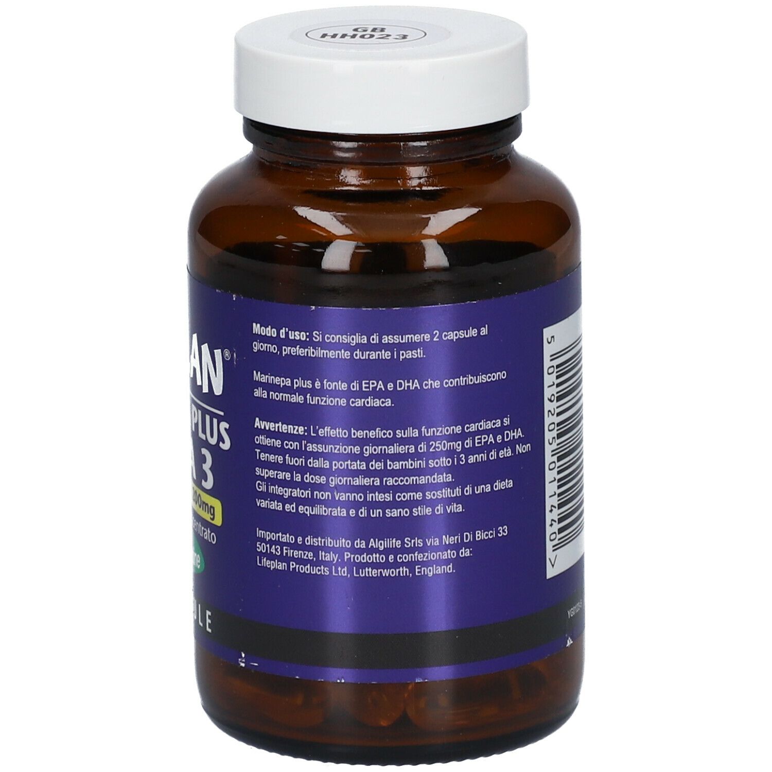 Flacone marrone con tappo bianco. Etichetta con informazioni sul prodotto e istruzioni per l'uso. LIFEPLAN Marinepa Plus Omega 3.