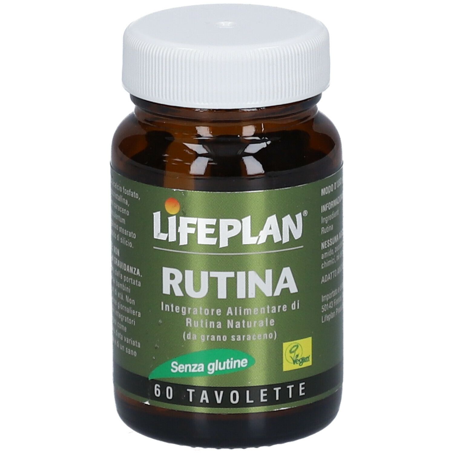 Flacone di vetro marrone con tappo bianco. Scritta: LIFEPLAN Rutina, 60 compresse, senza glutine, vegano.