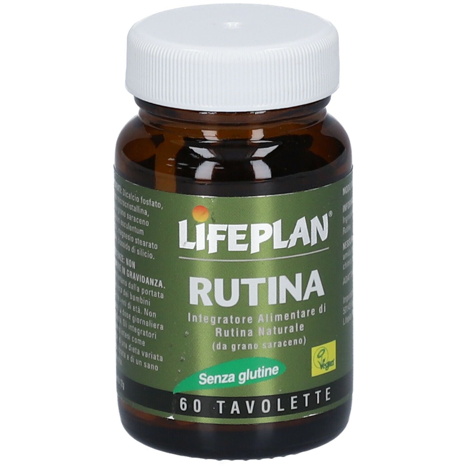 Flacone di vetro marrone con tappo bianco. Scritta: LIFEPLAN Rutina, 60 compresse, senza glutine, vegano.