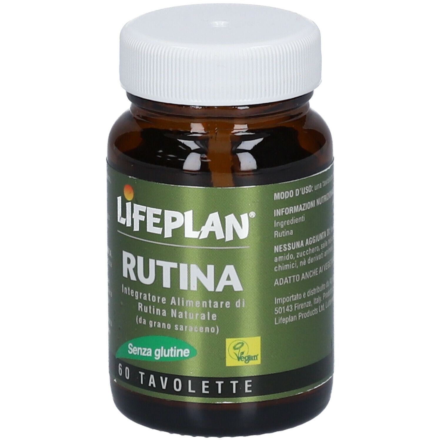 Flacone di vetro marrone con tappo bianco. Scritta: LIFEPLAN Rutina, 60 compresse, senza glutine, vegano.