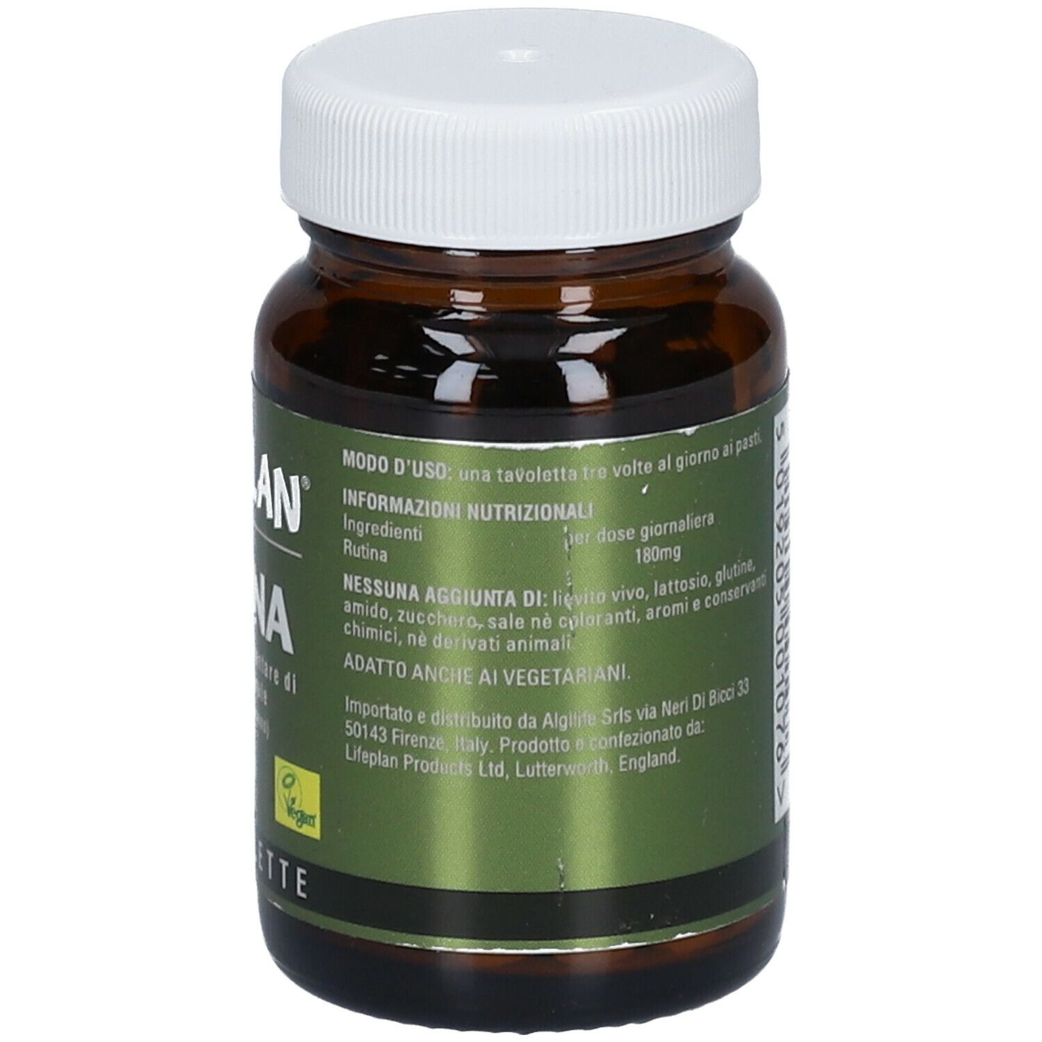 Flacone di vetro marrone con tappo bianco. Scritta: LIFEPLAN Rutina, ingredienti, dosaggio, vegano.