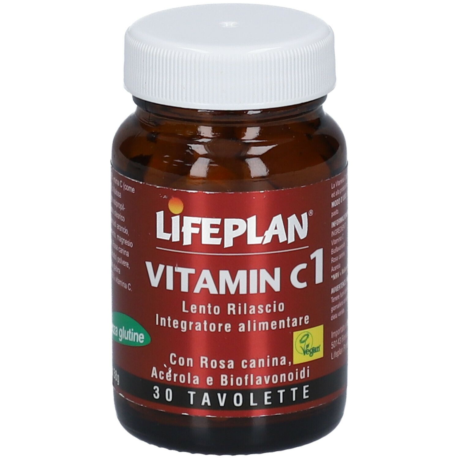 Flacone di vetro marrone con tappo bianco. Etichetta: LIFEPLAN Vitamin C1, 30 compresse. Senza glutine.