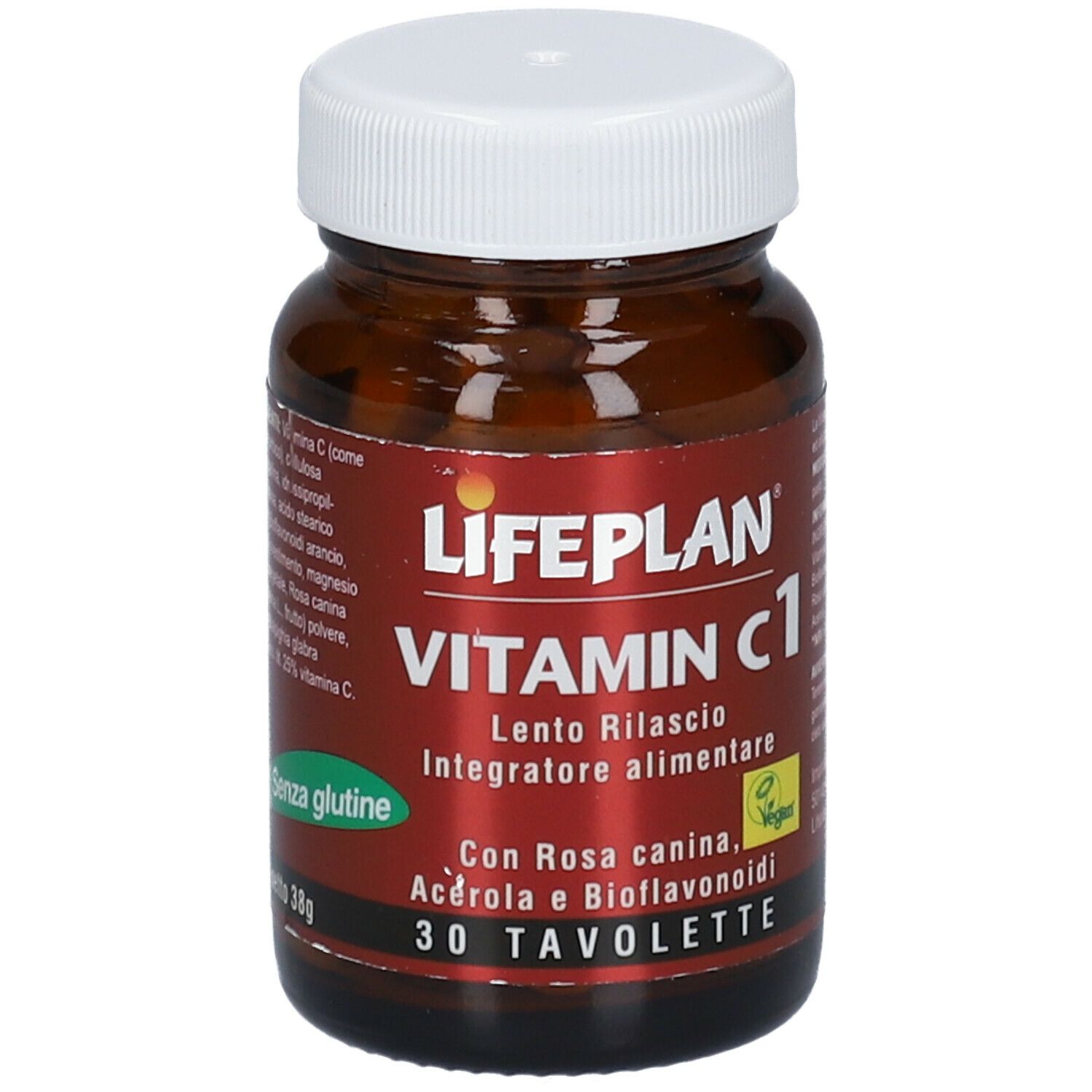 Flacone di vetro marrone con tappo bianco. Etichetta: LIFEPLAN Vitamin C1, 30 compresse. Senza glutine.