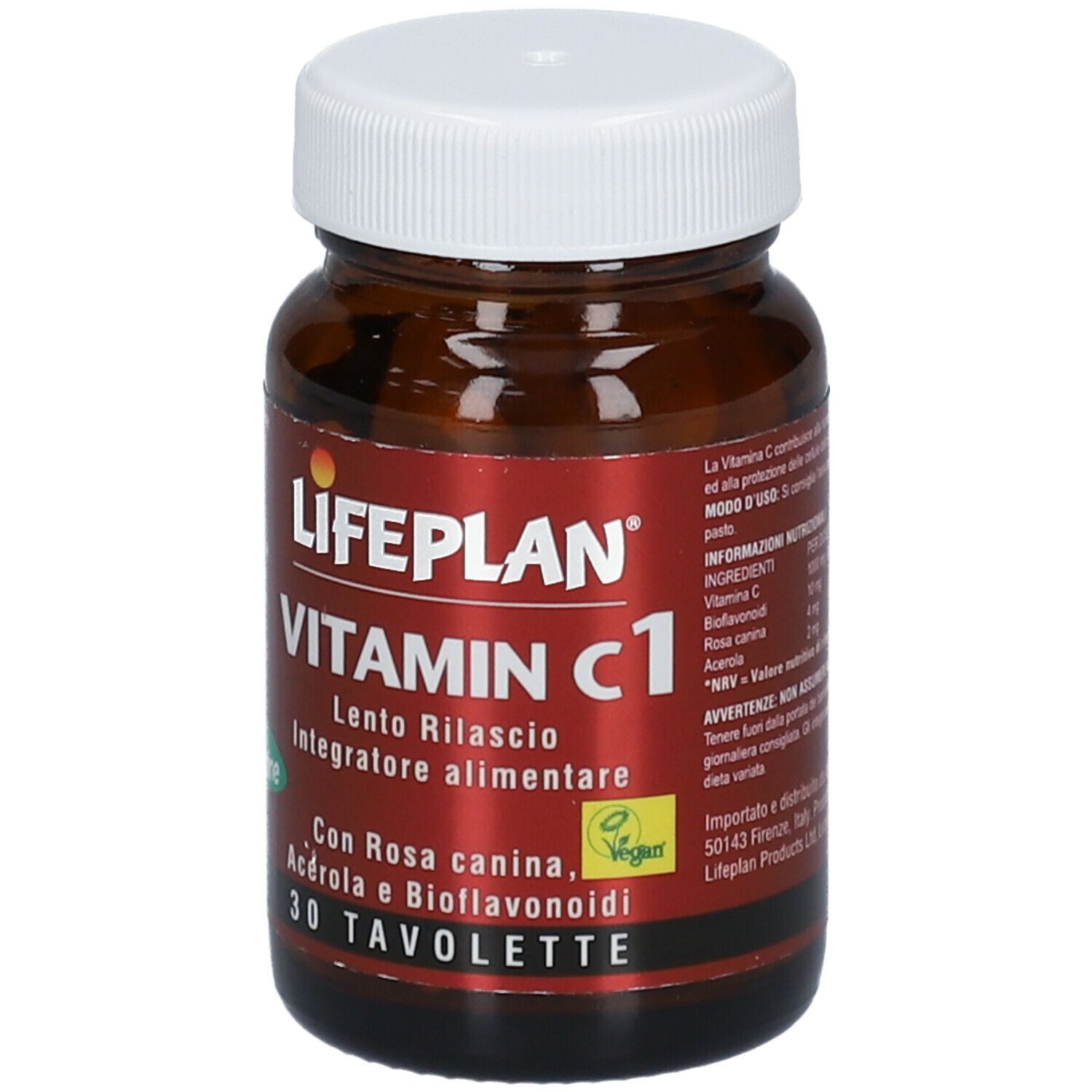 Flacone di vetro marrone con tappo bianco. Etichetta: LIFEPLAN Vitamin C1, 30 compresse. Vegano.
